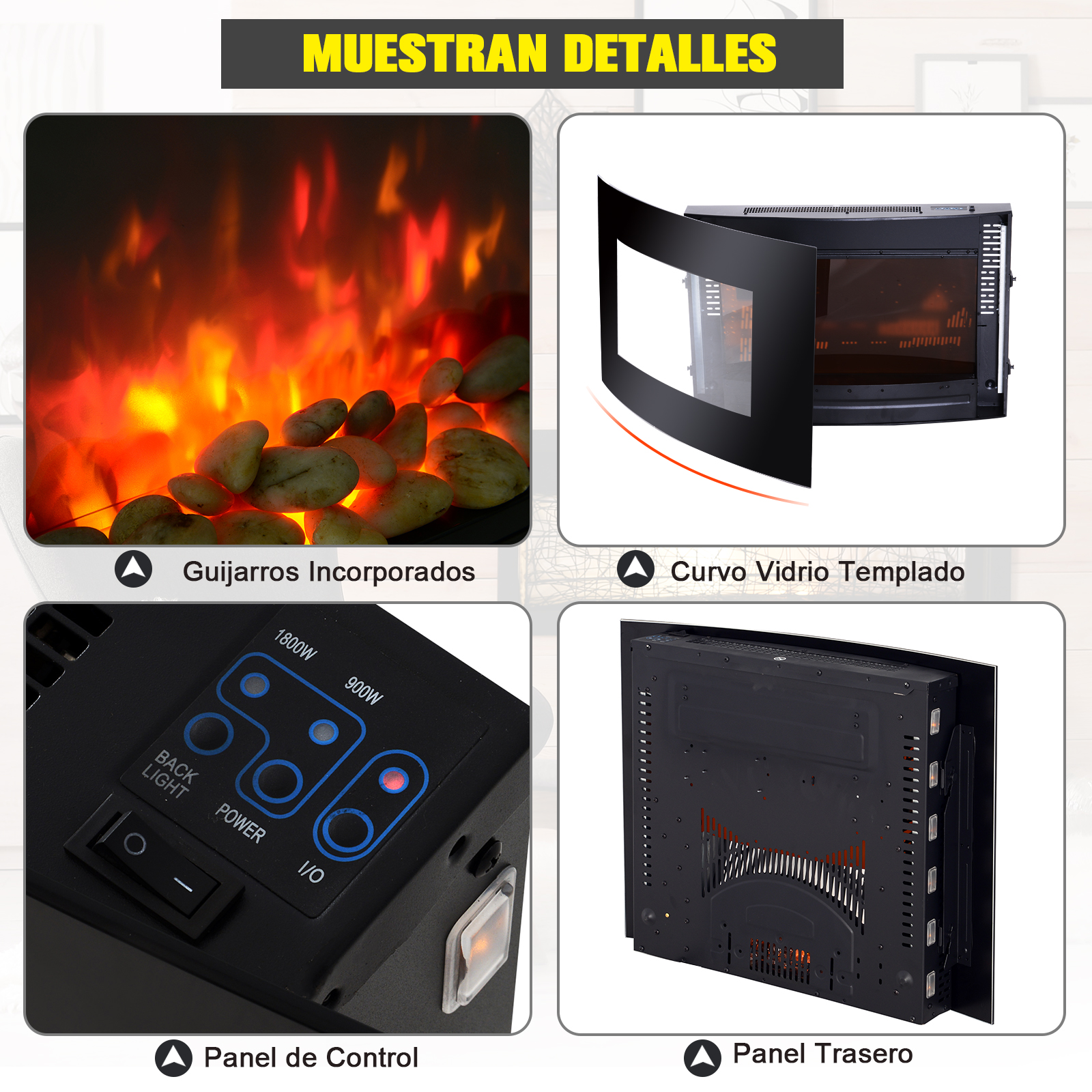 Chimenea Eléctrica de Pared 900/1800W con Efecto Llama Luz LED Remoto