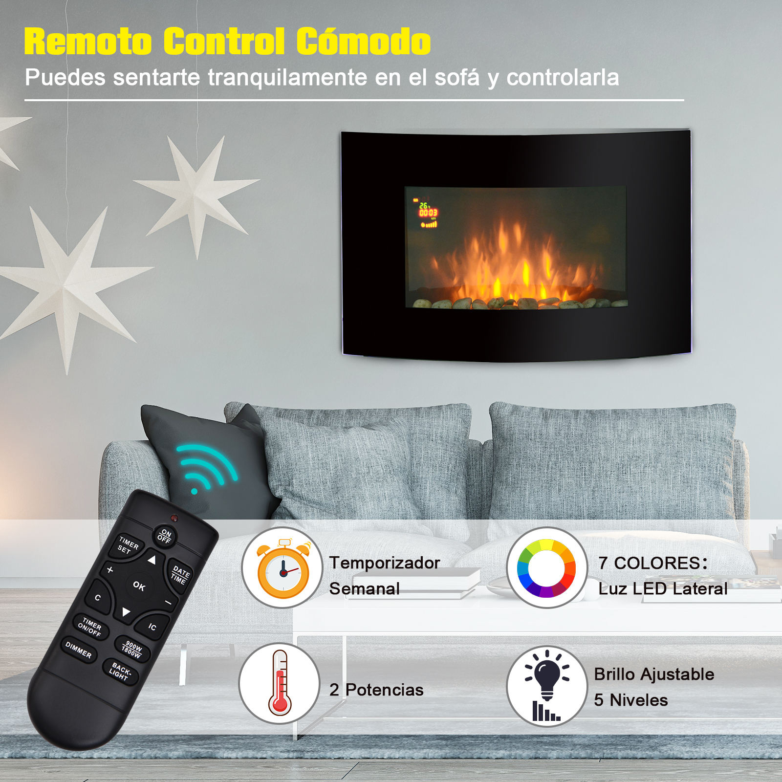 Chimenea Eléctrica de Pared 900/1800W con Efecto Llama Luz LED Remoto