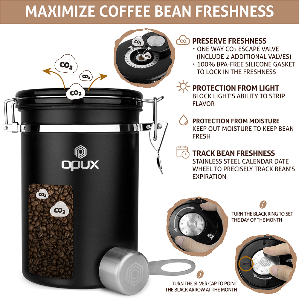 OPUX Stainless Steel Coffee Canister Airtight Jar Container CO2 Valve