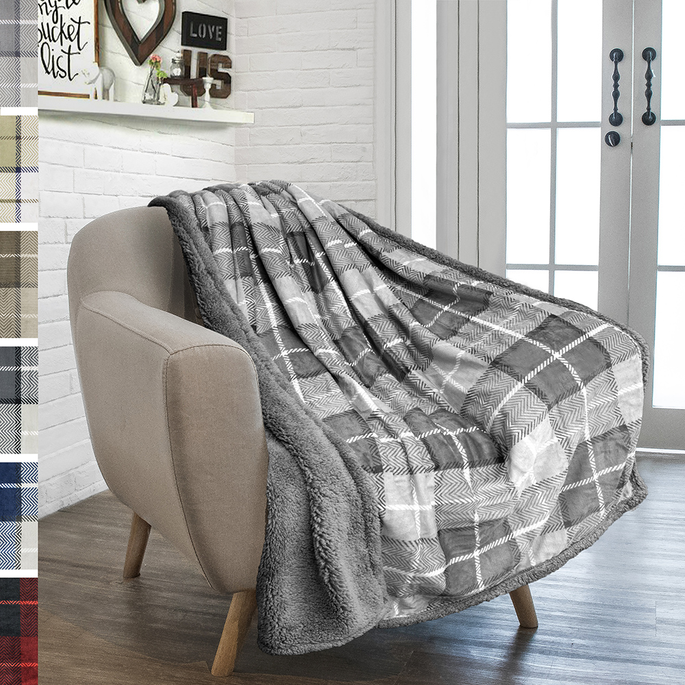 Plaid Throw Blanket for Couch Sofa Bed Sherpa Fleece Soft Microfiber Reversible - Picture 41 of 104