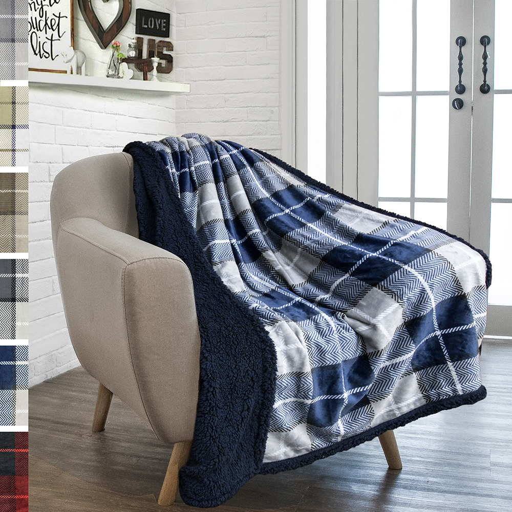 Plaid Throw Blanket for Couch Sofa Bed Sherpa Fleece Soft Microfiber Reversible - Picture 57 of 104