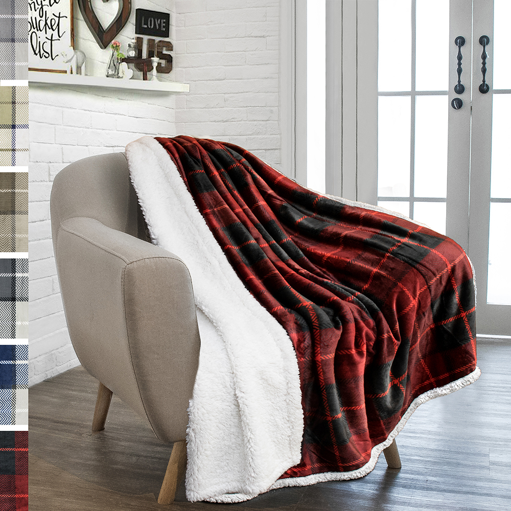Plaid Throw Blanket for Couch Sofa Bed Sherpa Fleece Soft Microfiber Reversible - Picture 73 of 104