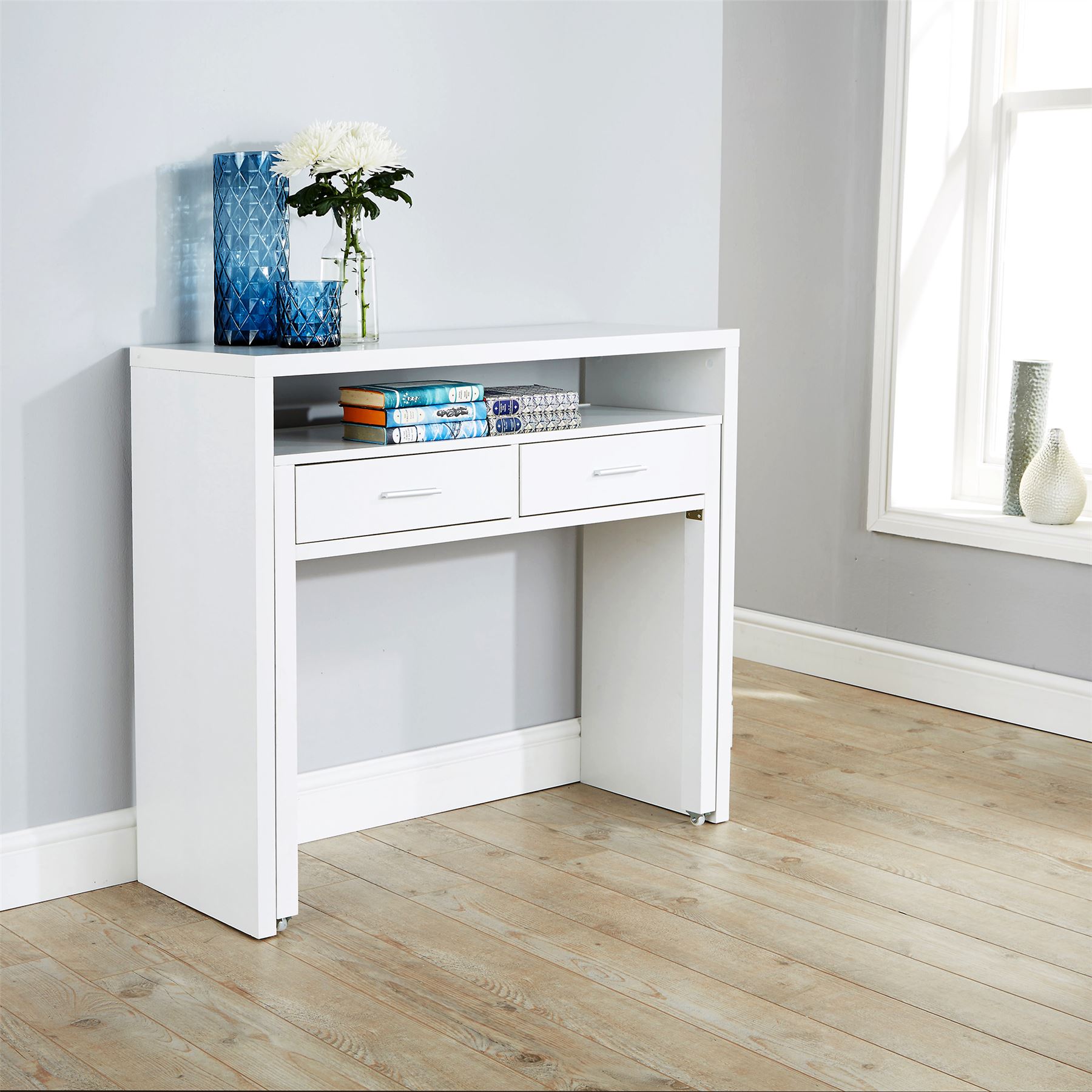 REGIS EXTENDING CONSOLE TABLE STUDY COMPUTER DESK 2 DRAWERS RETRACTABLE