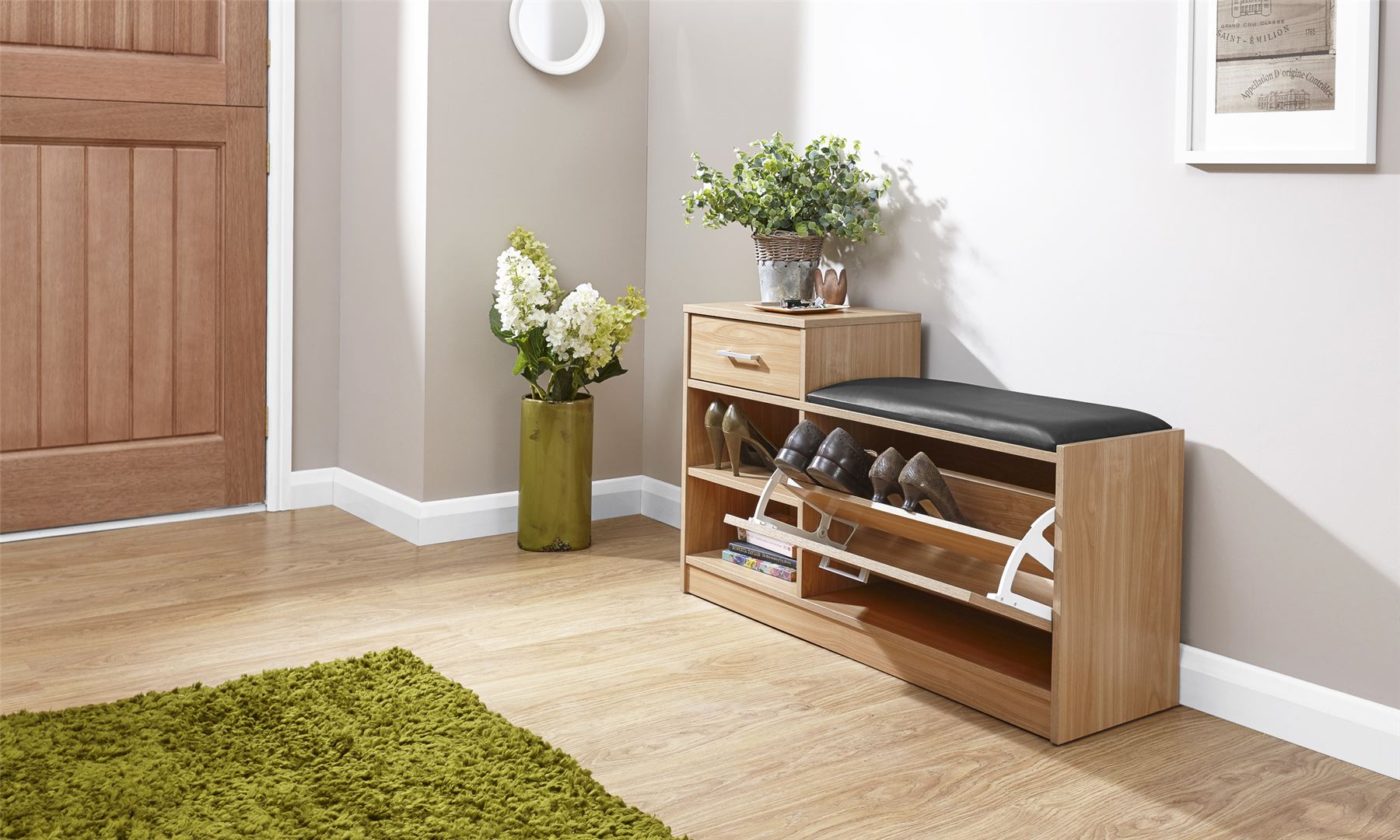 MALMO SHOE BENCH PADDED SEAT W 1 DRAWER SIDE TABLE STORAGE CUPBOARD