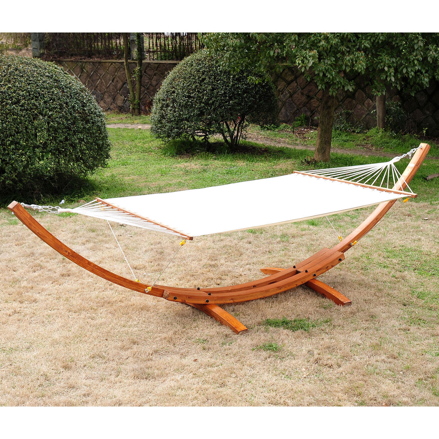 Wooden Curved Arc Hammock Stand with Cotton Hammock Outdoor Patio Swing