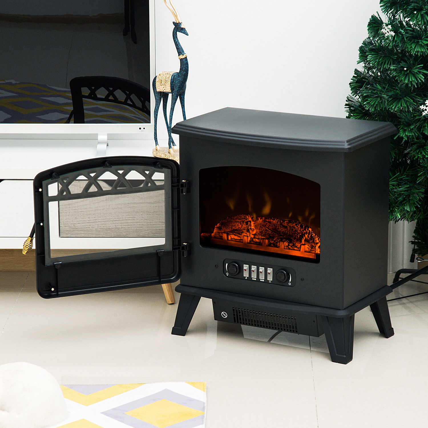 Electric Fireplace Free Standing Fire Effect Heater Log Burning 900