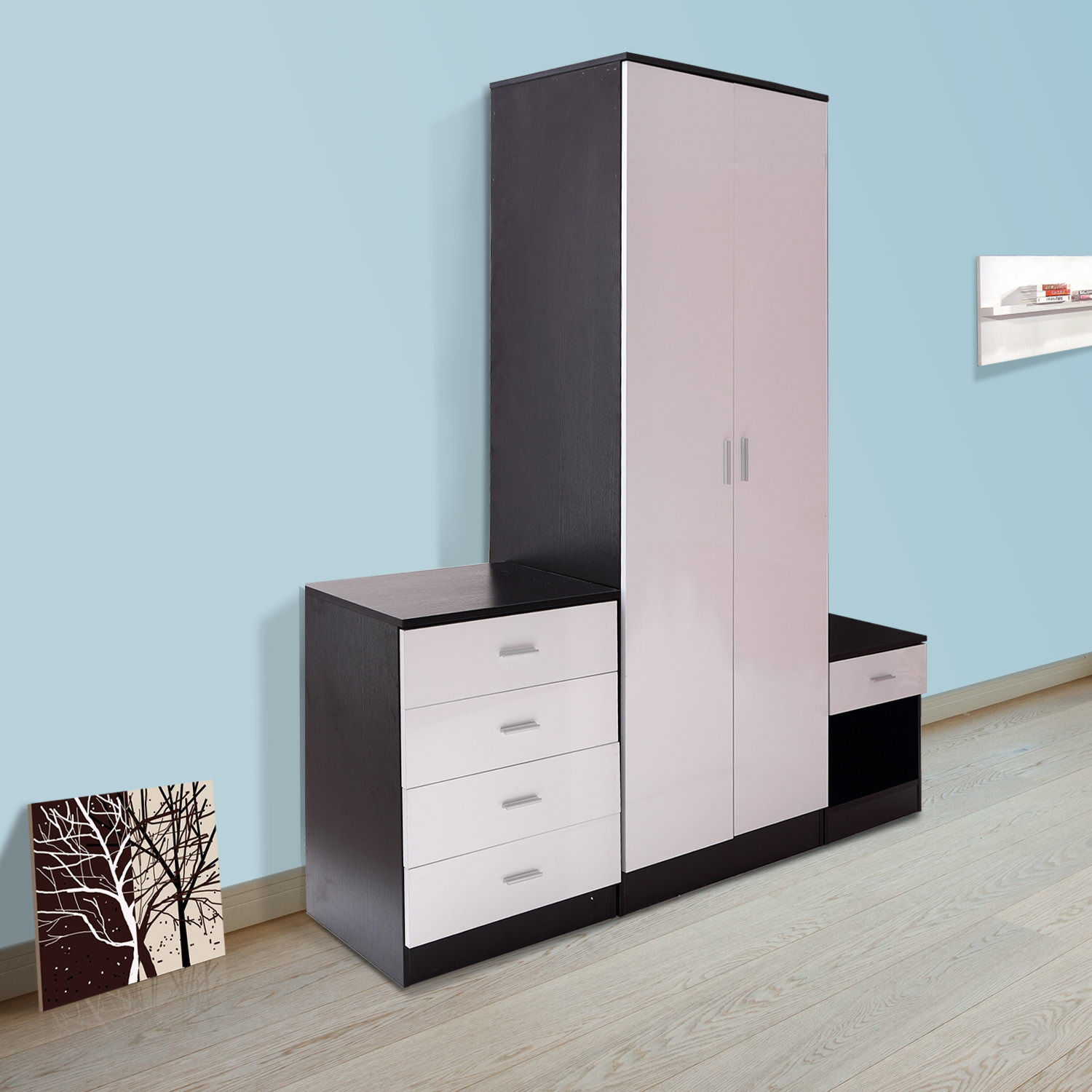 High Gloss 3 Piece Trio Bedroom Furniture Set Door Wardrobe Chest