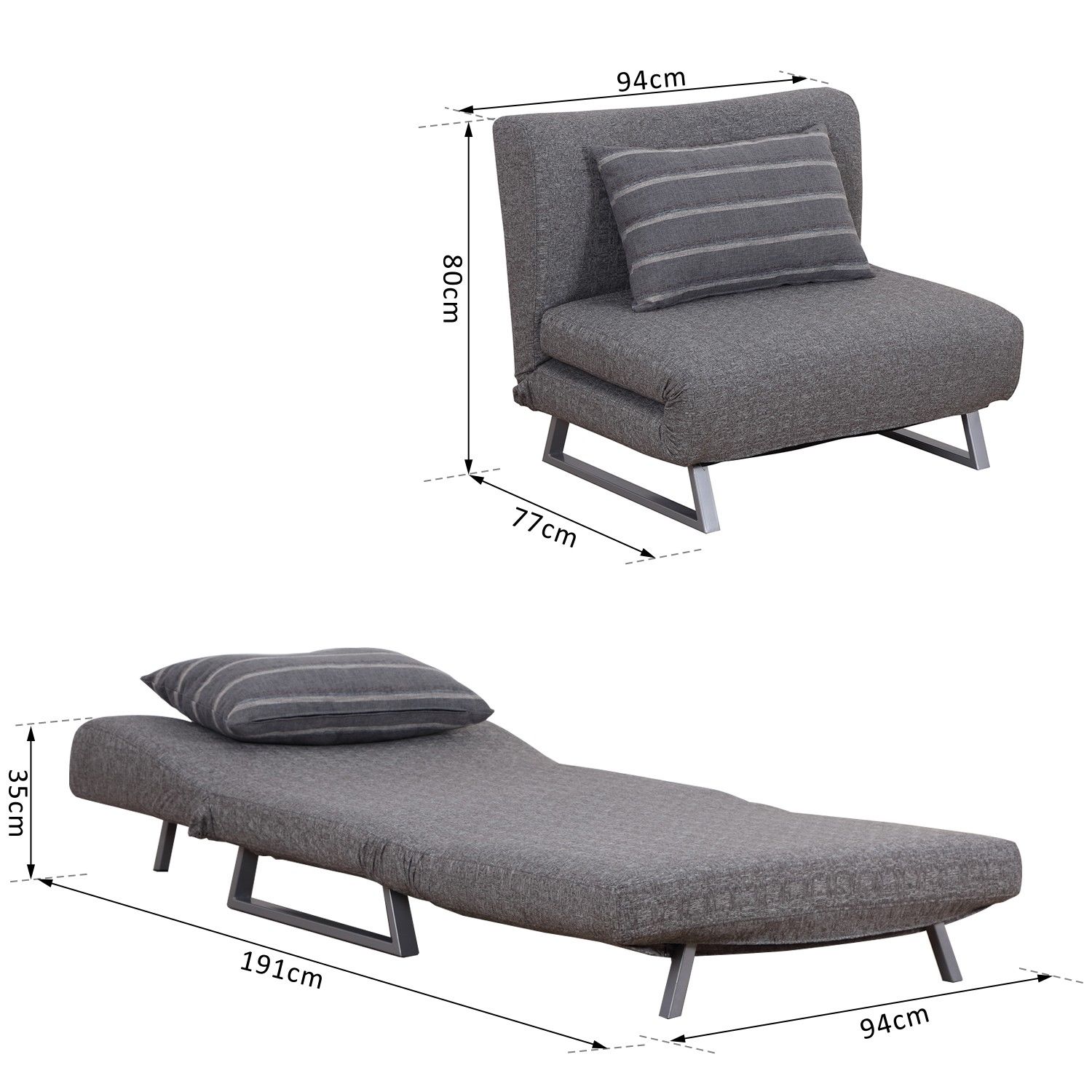 Convertible Lounge Sleeper Sofa Bed Chair, Folding Couch (Grey