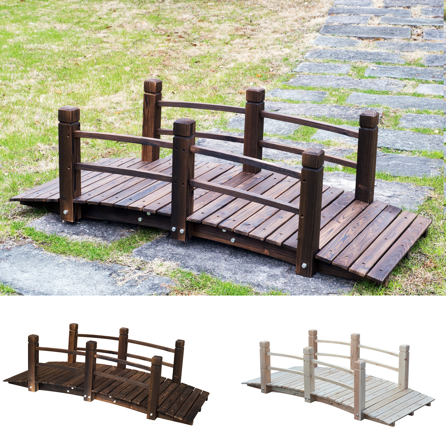 Outsunny Gartenbrücke Holzsteg Teichbrücke Holzbrücke Zierbrücke mit Geländer