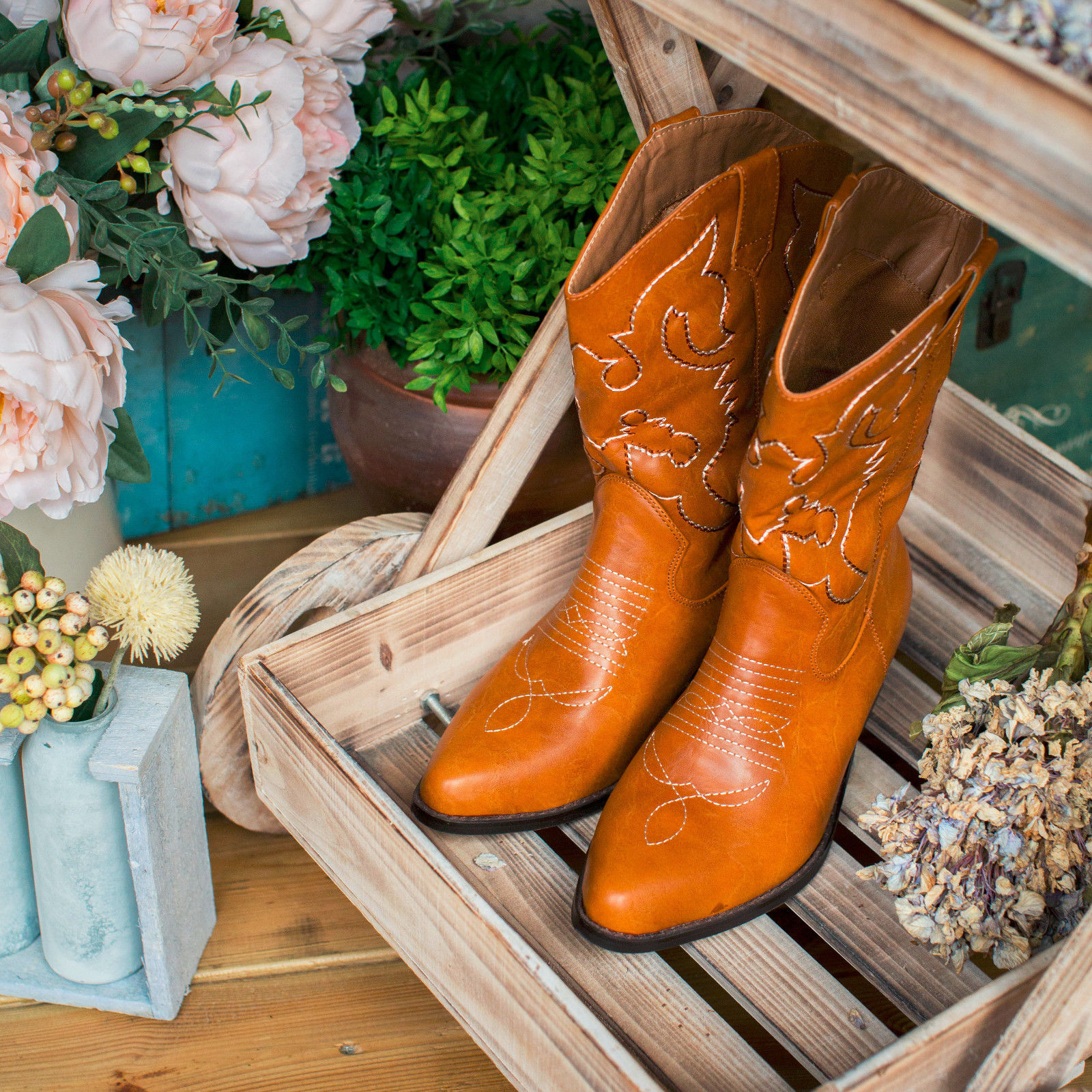 AU FREE SHIP SheSole Womens Cowboy Boots Low Heel Mid Calf Western