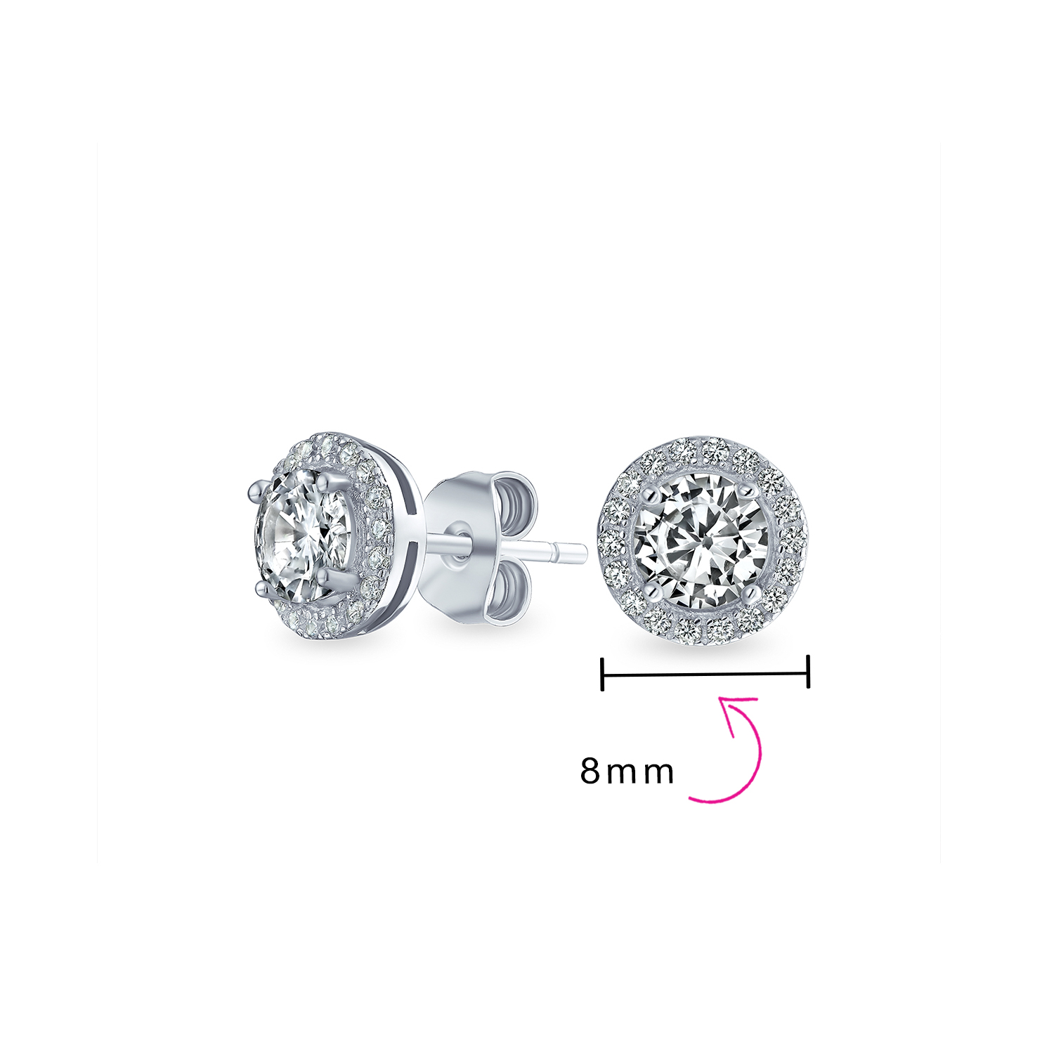 Round Solitaire Halo Multi Color CZ Stud Earrings.925 Sterling Silver 8MM - Picture 15 of 32