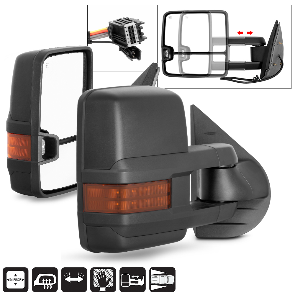 FOR 07-13 SILVERADO//SIERRA PAIR BLACK TOWING MANUAL TELESCOPE MIRROR+LED SIGNAL