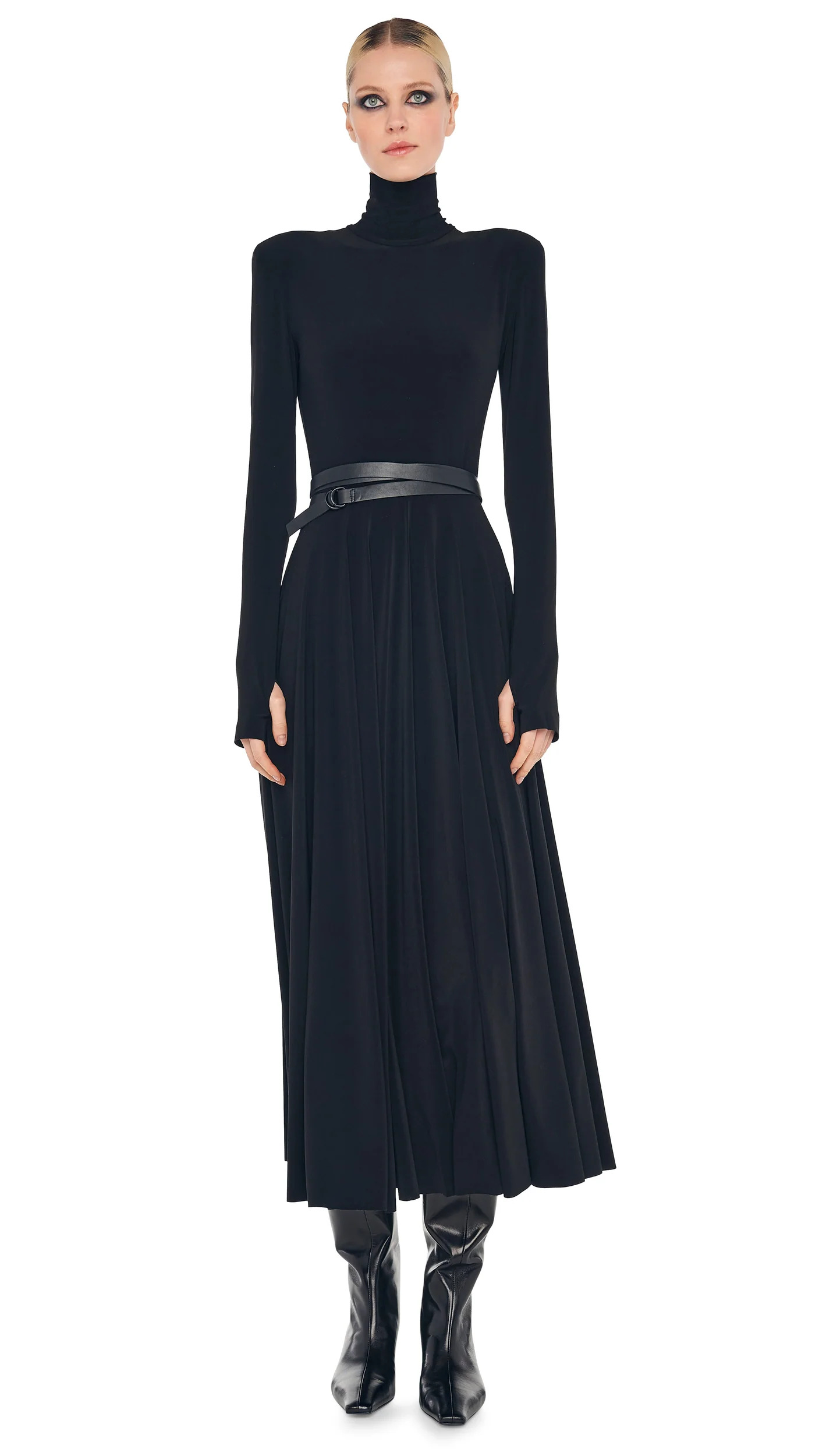 Norma Kamali Long Sleeve Shoulder Pad Turtleneck Flared Black Dress (Pre-Owned)