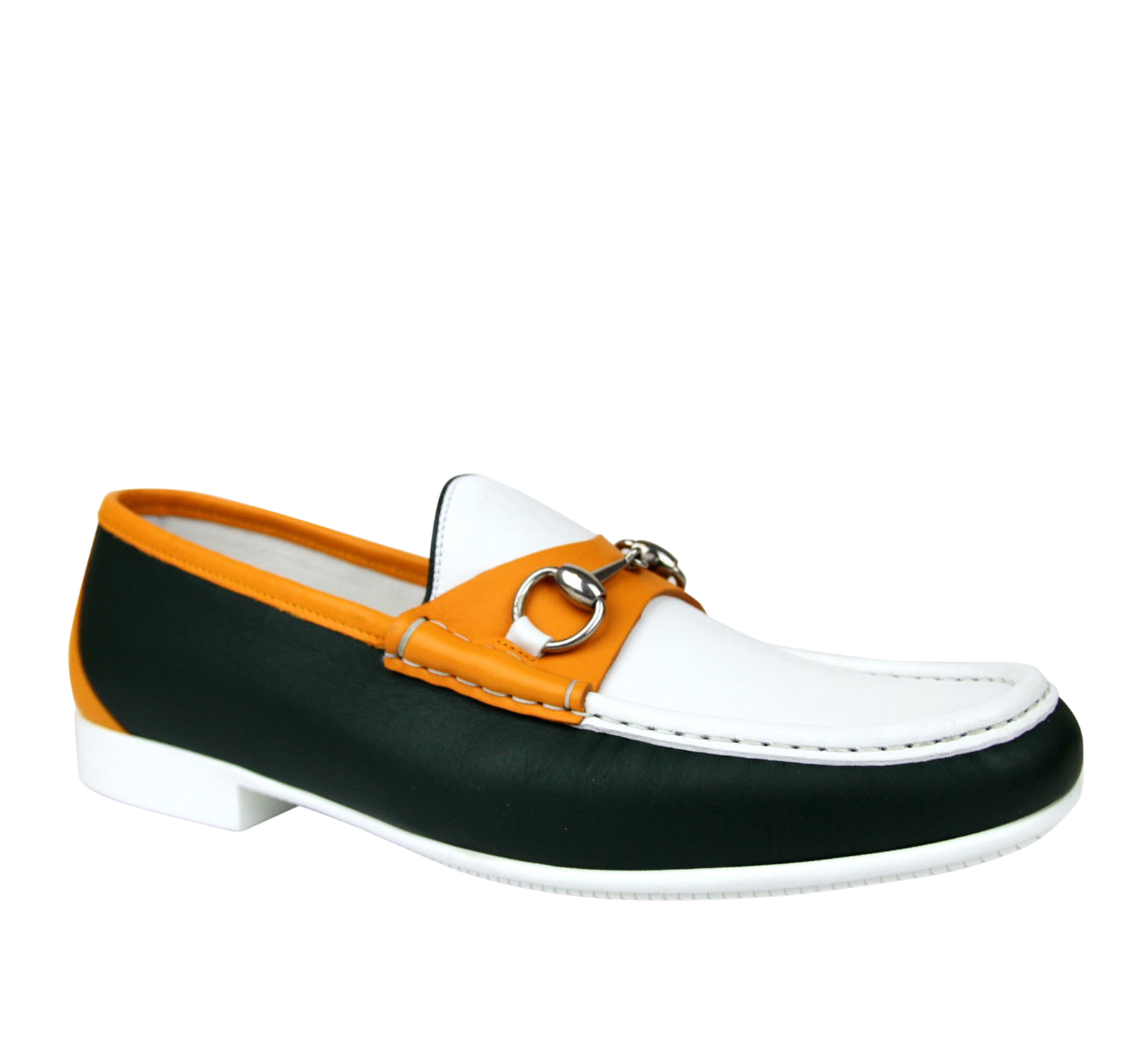 Gucci Men's Horsebit White Dark Green Orange Leather Loafer Moccasin (Pre-Owned)