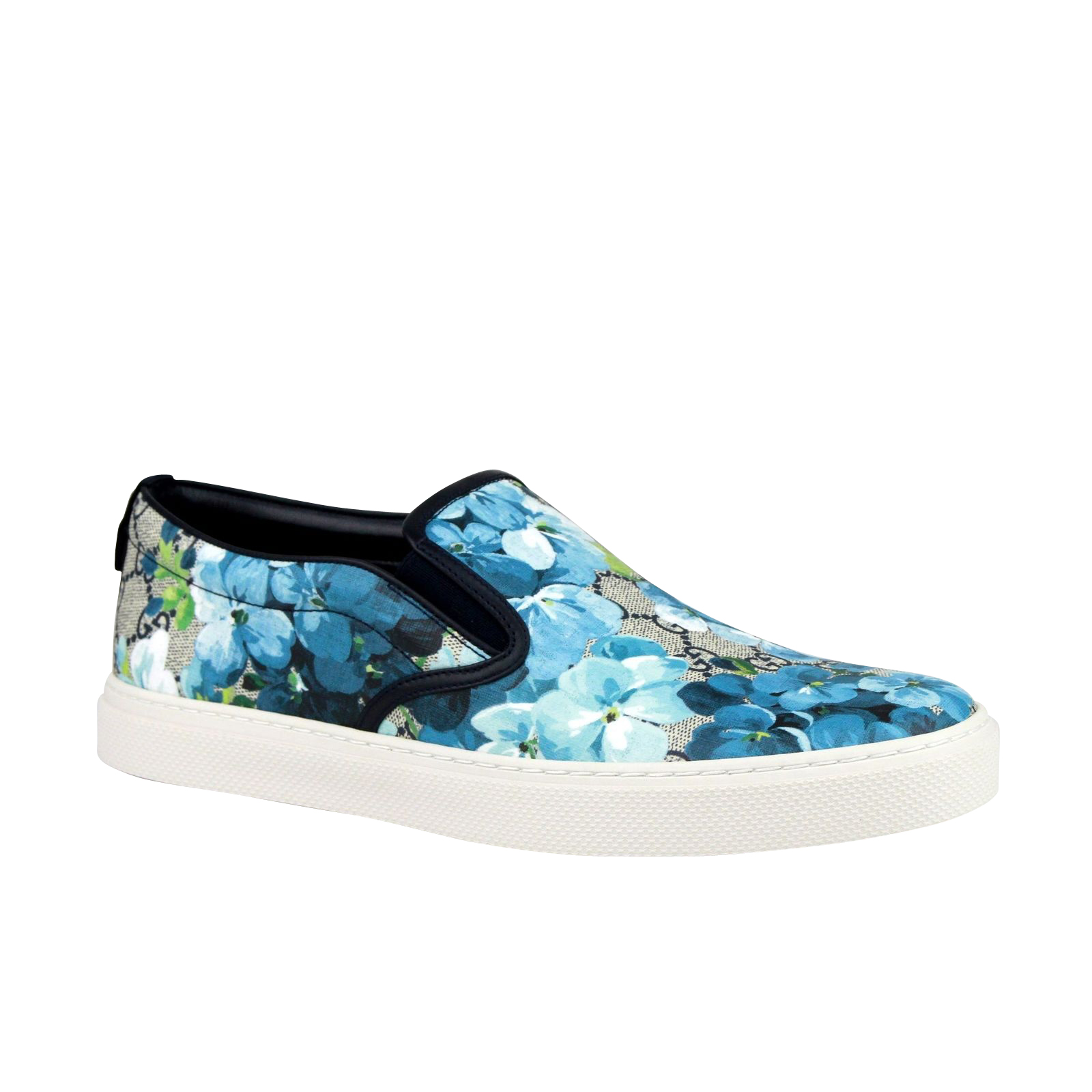 Gucci Men's Bloom Flower Print Blue GG Supreme Coated Canvas Slip Sneakers