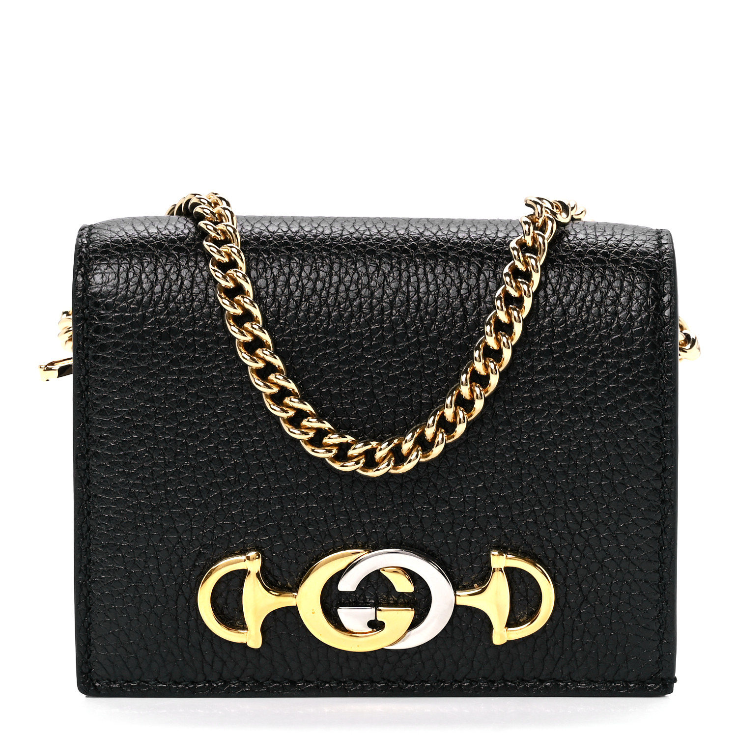 Gucci Zumi GG Black Leather Gold Chain Bi-Fold Mini Wallet