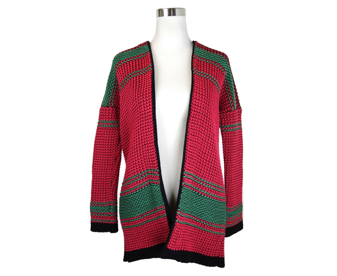 Maje Women's Black Detail Hot Pink / Burgendy / Green Cotton Polyester Cardigan Jacket (2)