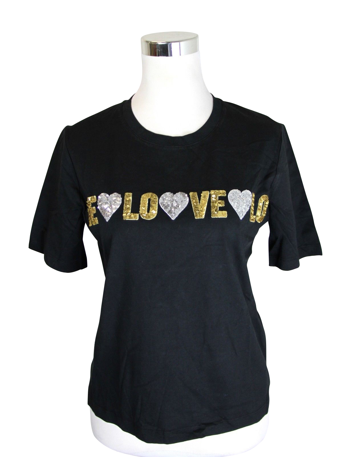 Maje Women's Gold and Silver Sequins Black Cotton Love T-Shirt  (2)