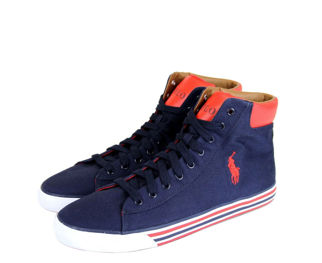 Polo Ralph Lauren Men's Harvey Navy / Red Canvas High Top Sneaker With Logo (10.5 US)