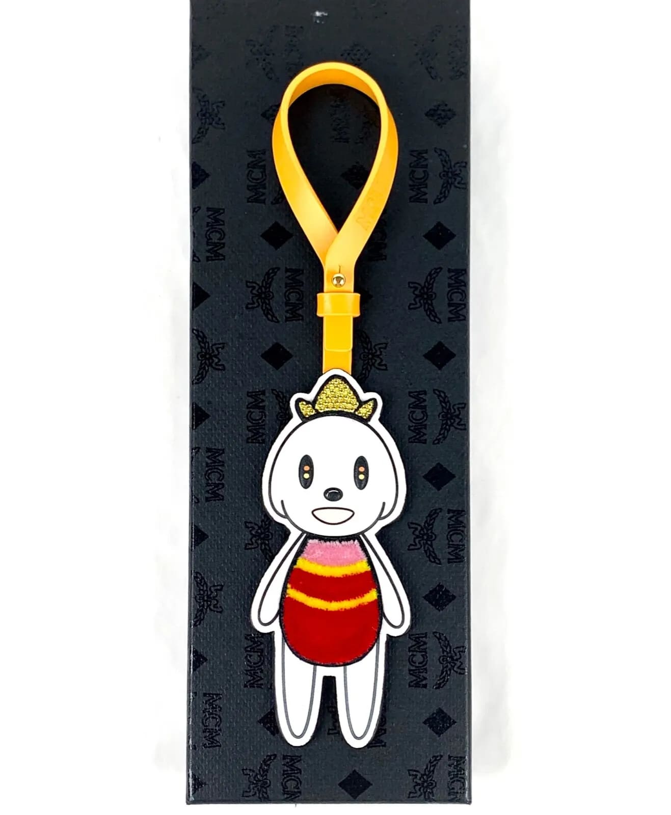 MCM White Leather Visetos Bag Charm W/Swarovski Crystals