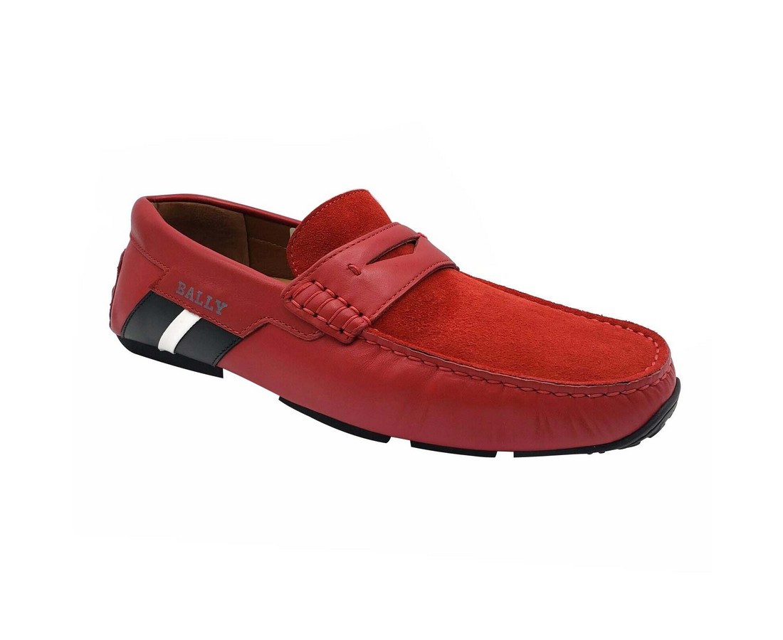 Bally Men's Red Piotre Leather Suede With Black White Web Logo Slip On Loafer Shoes (6.5 EU 7.5 US)