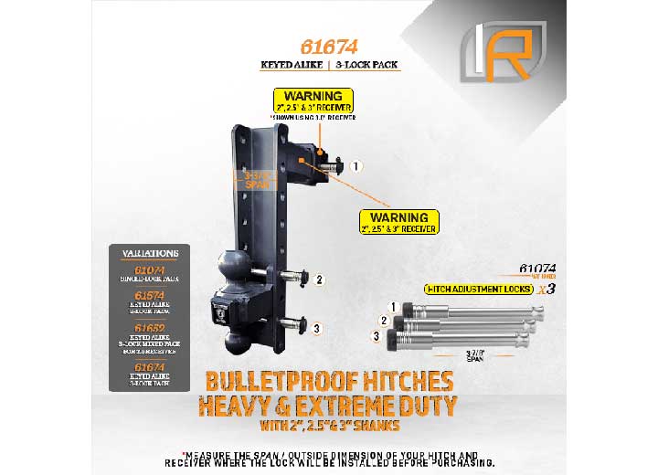 InfiniteRule Hitch Locks 3pk Keyed Alike For Bulletproof 2"/2.5"/3" Drop Hitch