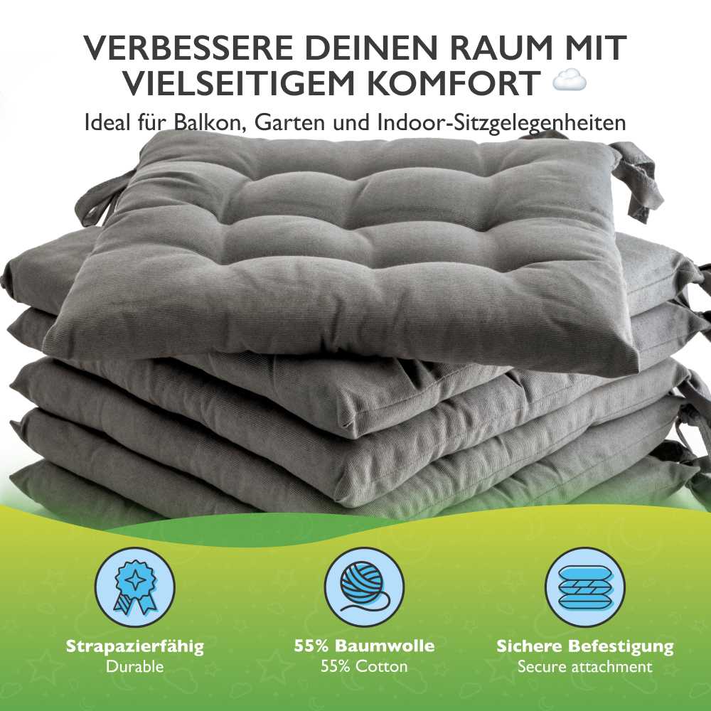 6er Set Sitzkissen Stuhlkissen Sitz & Stuhl Auflage Kissen mit Bändern 40x40 cm - Bild 3 von 49