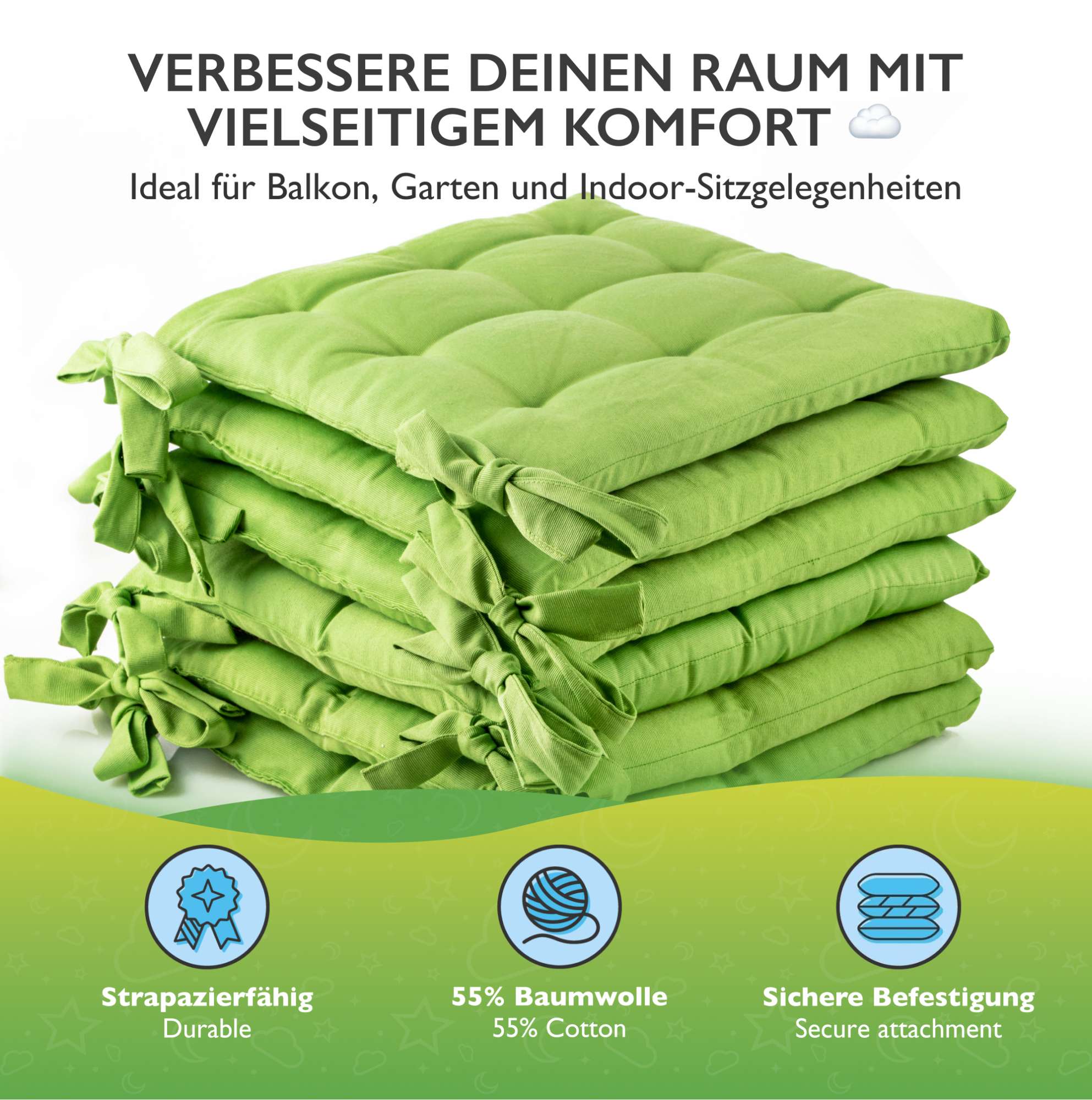 6er Set Sitzkissen Stuhlkissen Sitz & Stuhl Auflage Kissen mit Bändern 40x40 cm - Bild 9 von 49