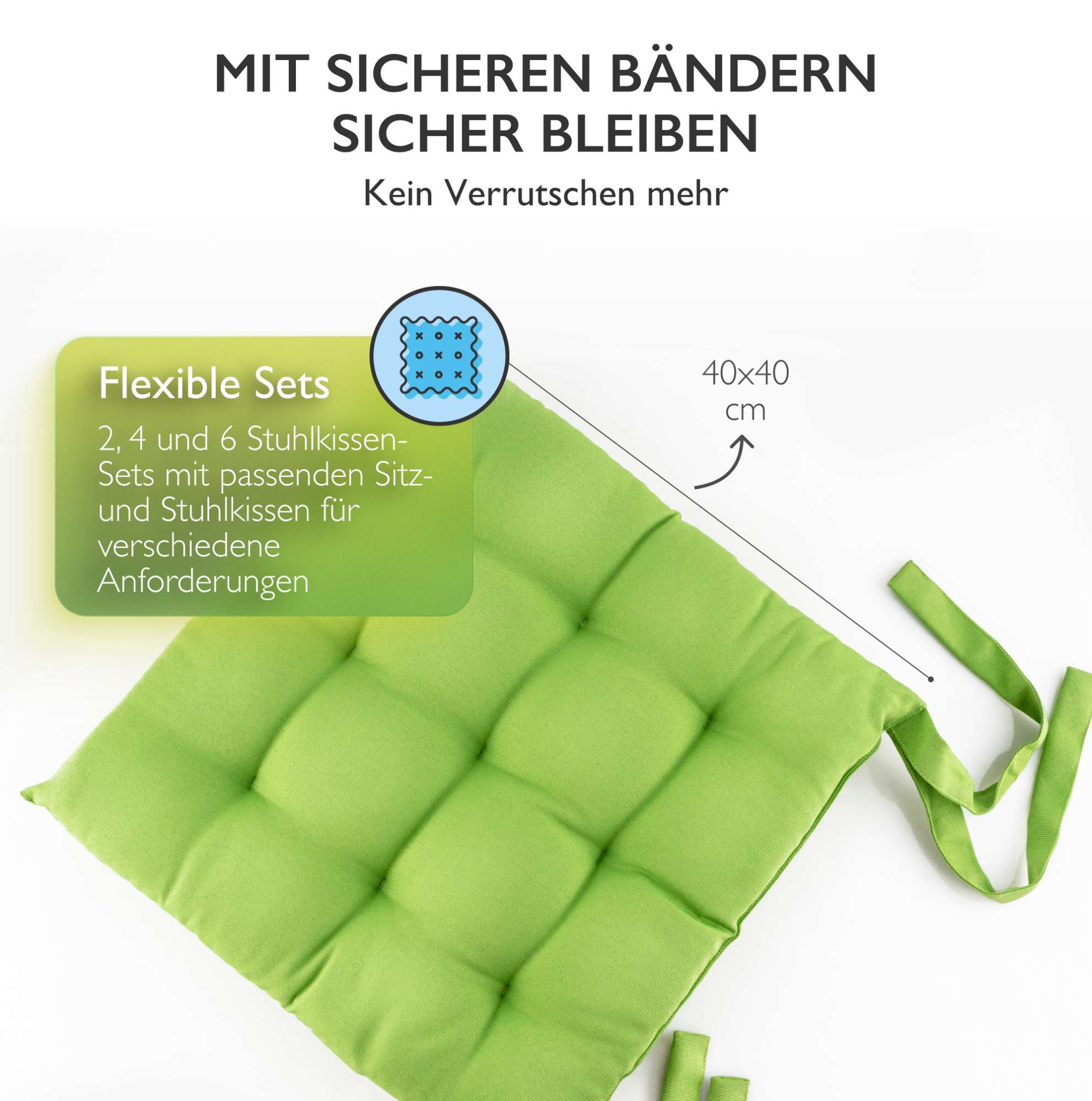 6er Set Sitzkissen Stuhlkissen Sitz & Stuhl Auflage Kissen mit Bändern 40x40 cm - Bild 11 von 49