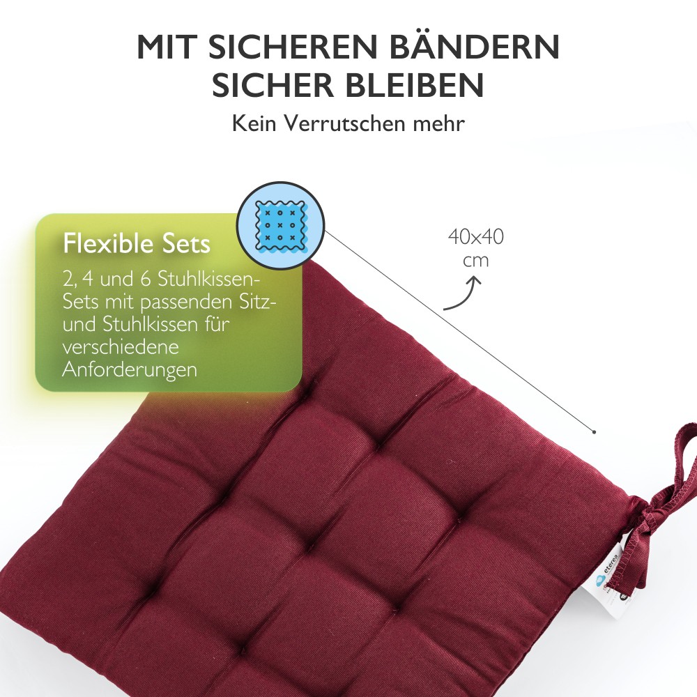 6er Set Sitzkissen Stuhlkissen Sitz & Stuhl Auflage Kissen mit Bändern 40x40 cm - Bild 23 von 49