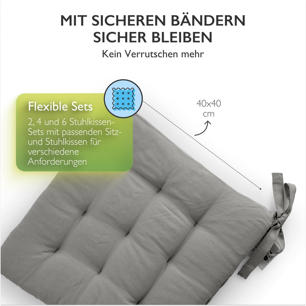 6er Set Sitzkissen Stuhlkissen Sitz & Stuhl Auflage Kissen mit Bändern 40x40 cm - Bild 41 von 49