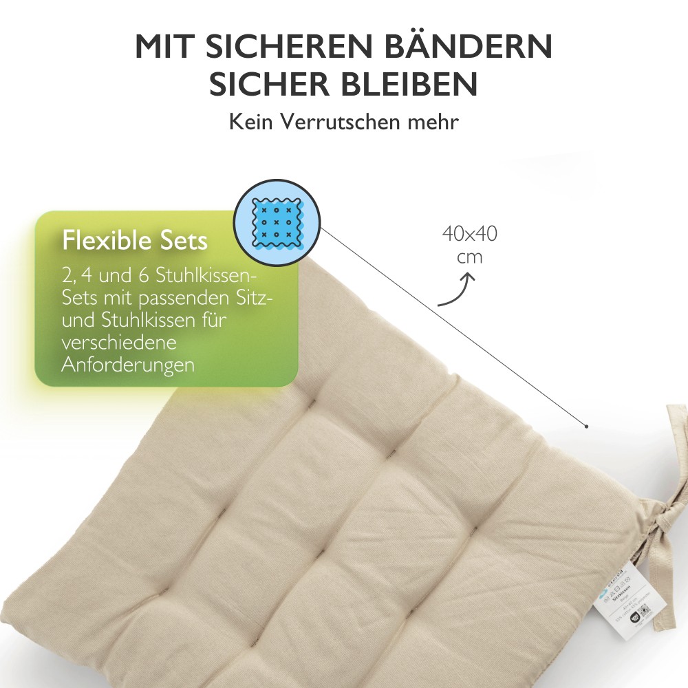 6er Set Sitzkissen Stuhlkissen Sitz & Stuhl Auflage Kissen mit Bändern 40x40 cm - Bild 47 von 49