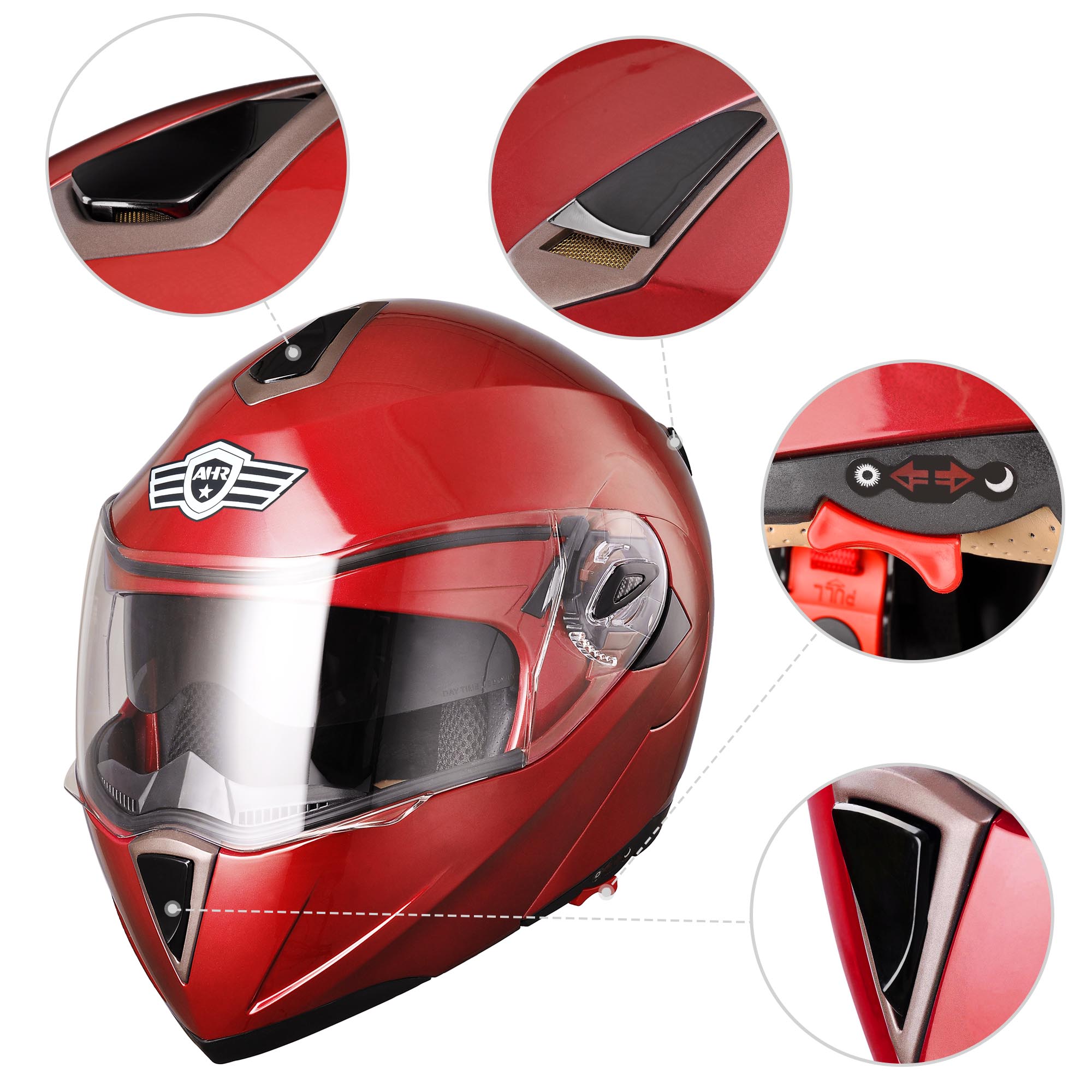 AHR Modular Full Face Motorcycle Helmet Flip up Dual Visor Motocross DOT M/L/XL - Picture 18 of 54