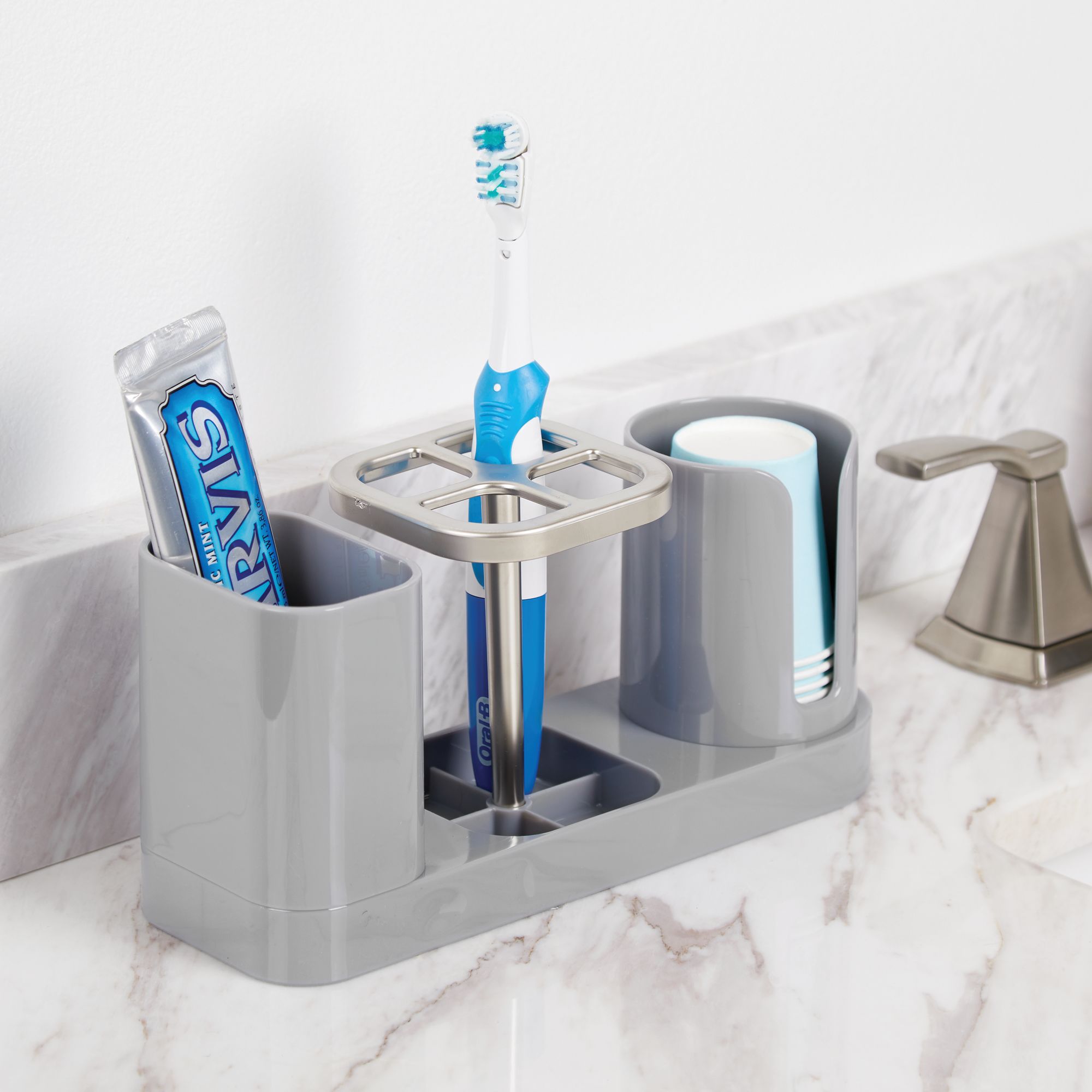 mDesign Plastic Bathroom Countertop Toothbrush Storage Organizer Stand