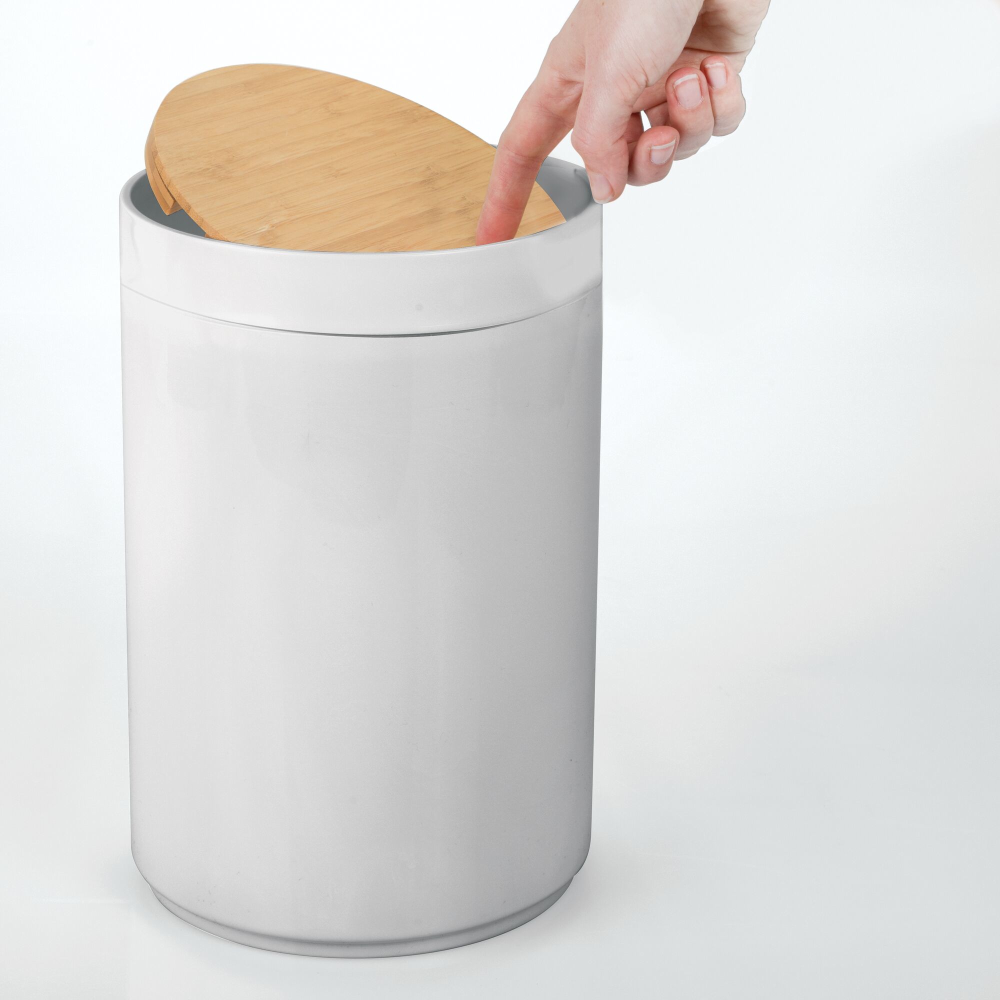 mDesign Plastic/Bamboo Small Round Trash Can Wastebasket, Swing Lid eBay