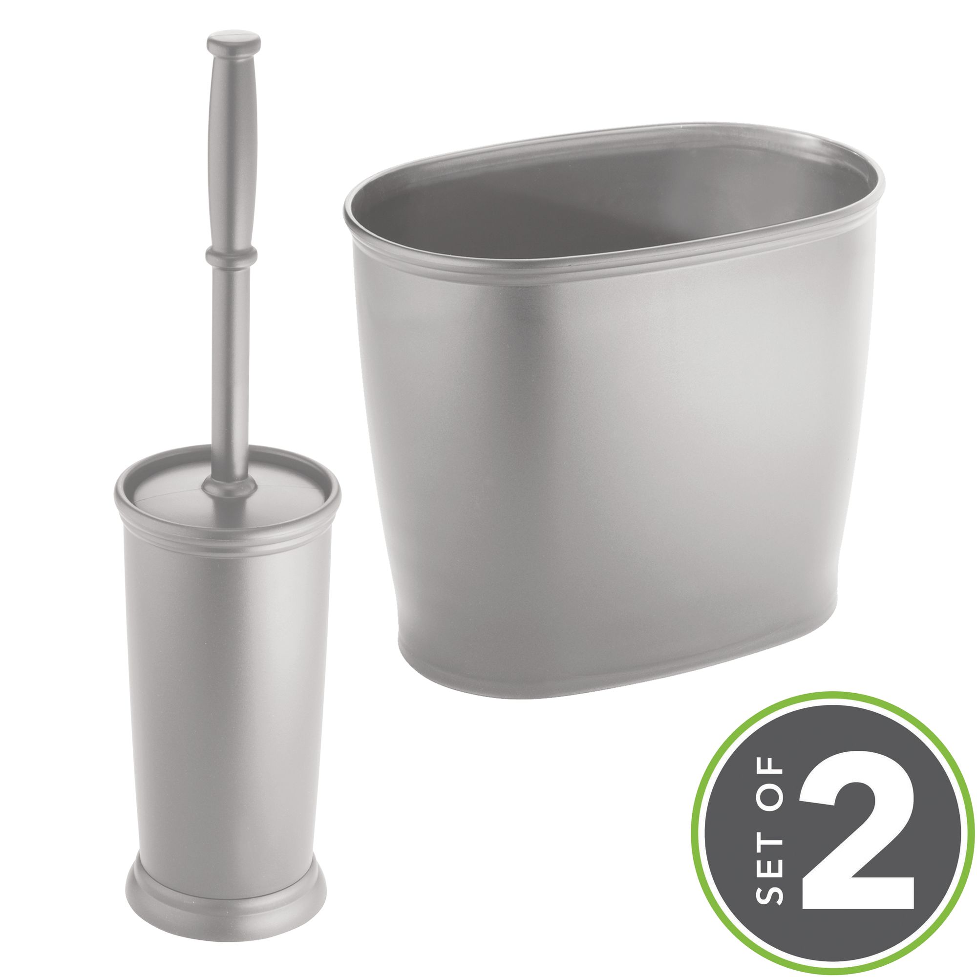 mDesign 2 Piece Plastic Bathroom Set, Bowl Brush and Trash Can Silver