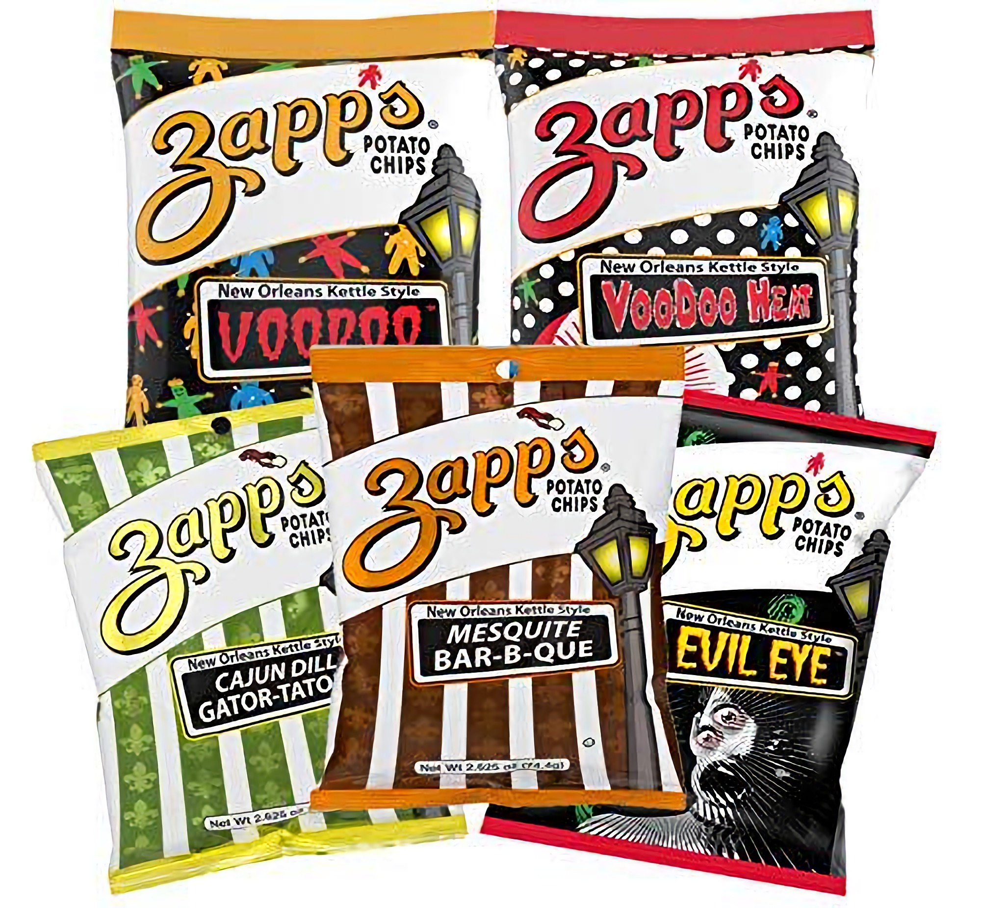 ZAPP'S Potato Chips Variety Pack | Evil Eye, Voodoo, Voodoo Heat, Mesquite BBQ, Cajun Dill Gatortator, 2.5 oz Hungry Sized Bags | 5-Pack