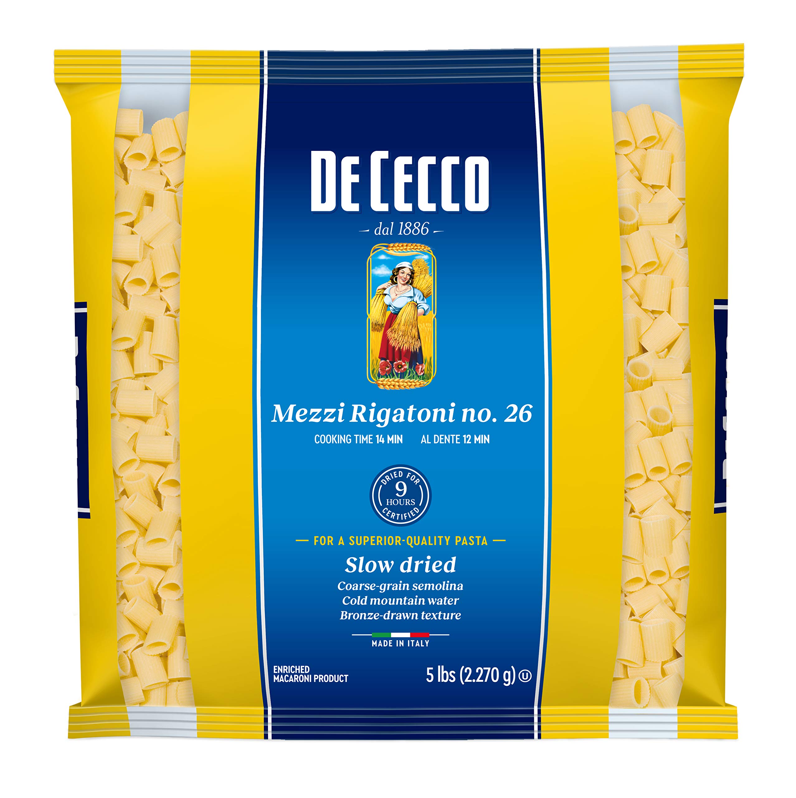 De Cecco Semonlina Pasta, Mezzi Rigatoni No.26, 5 Pound (Pack of 4)