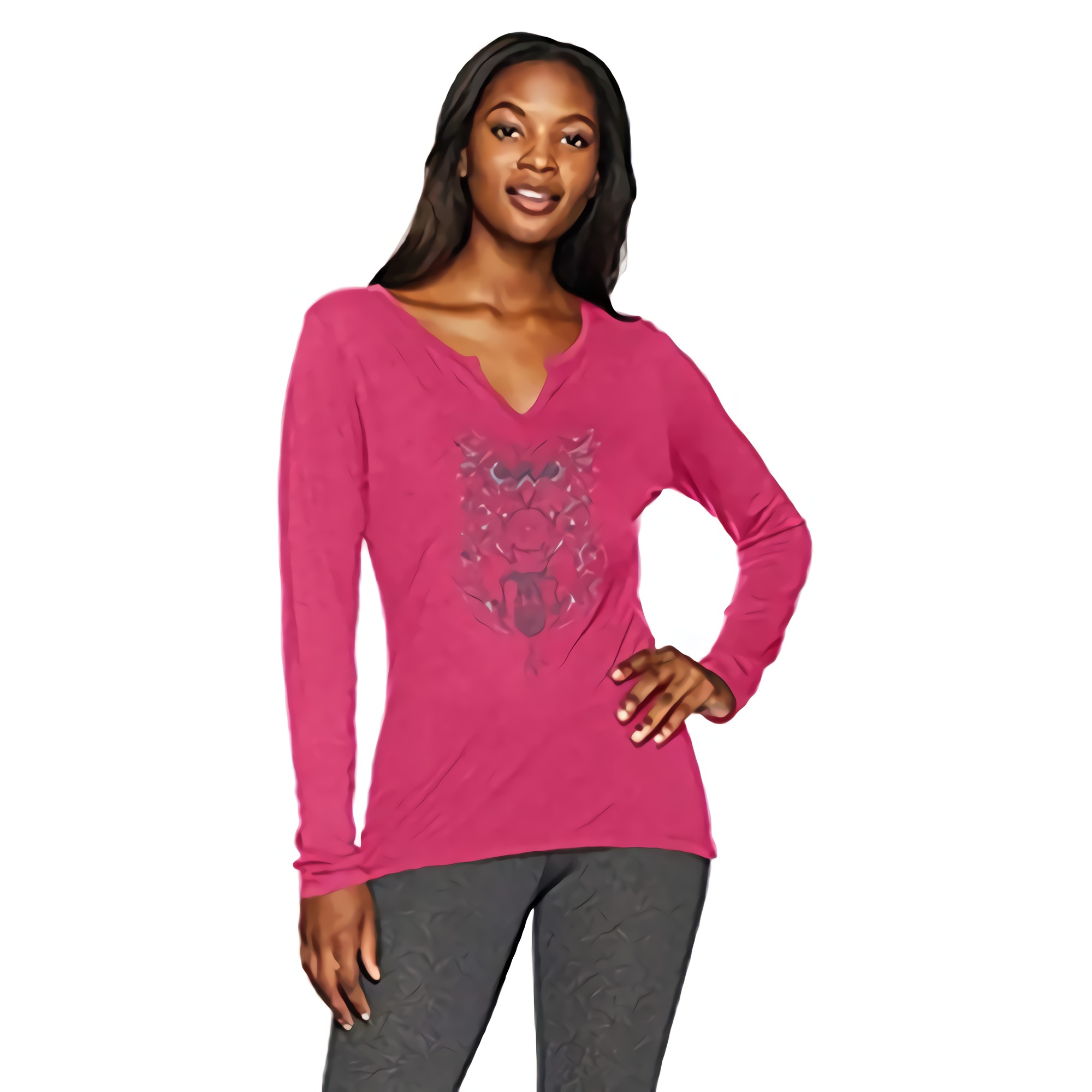 Hanes Women's Split Neck Graphic Long Sleeve Tee, Glitter owl/deep Raspberry Heather, Small 2