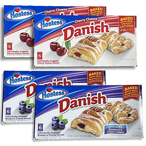 Hostess Blueberry & Cherry Danish Combo Pack | Individually Wrapped | 6 Count Box | Pack of 4 (24 Total)