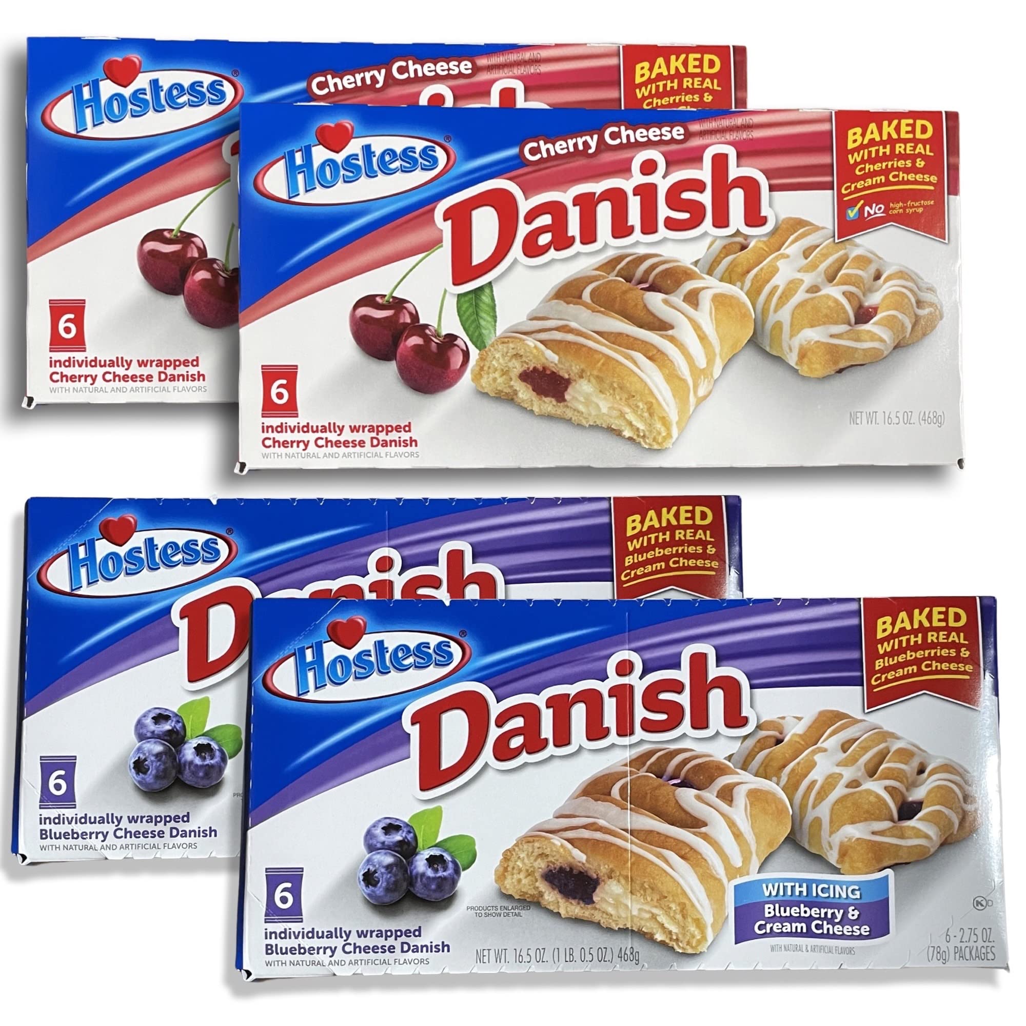 Hostess Blueberry & Cherry Danish Combo Pack | Individually Wrapped | 6 Count Box | Pack of 4 (24 Total) 2