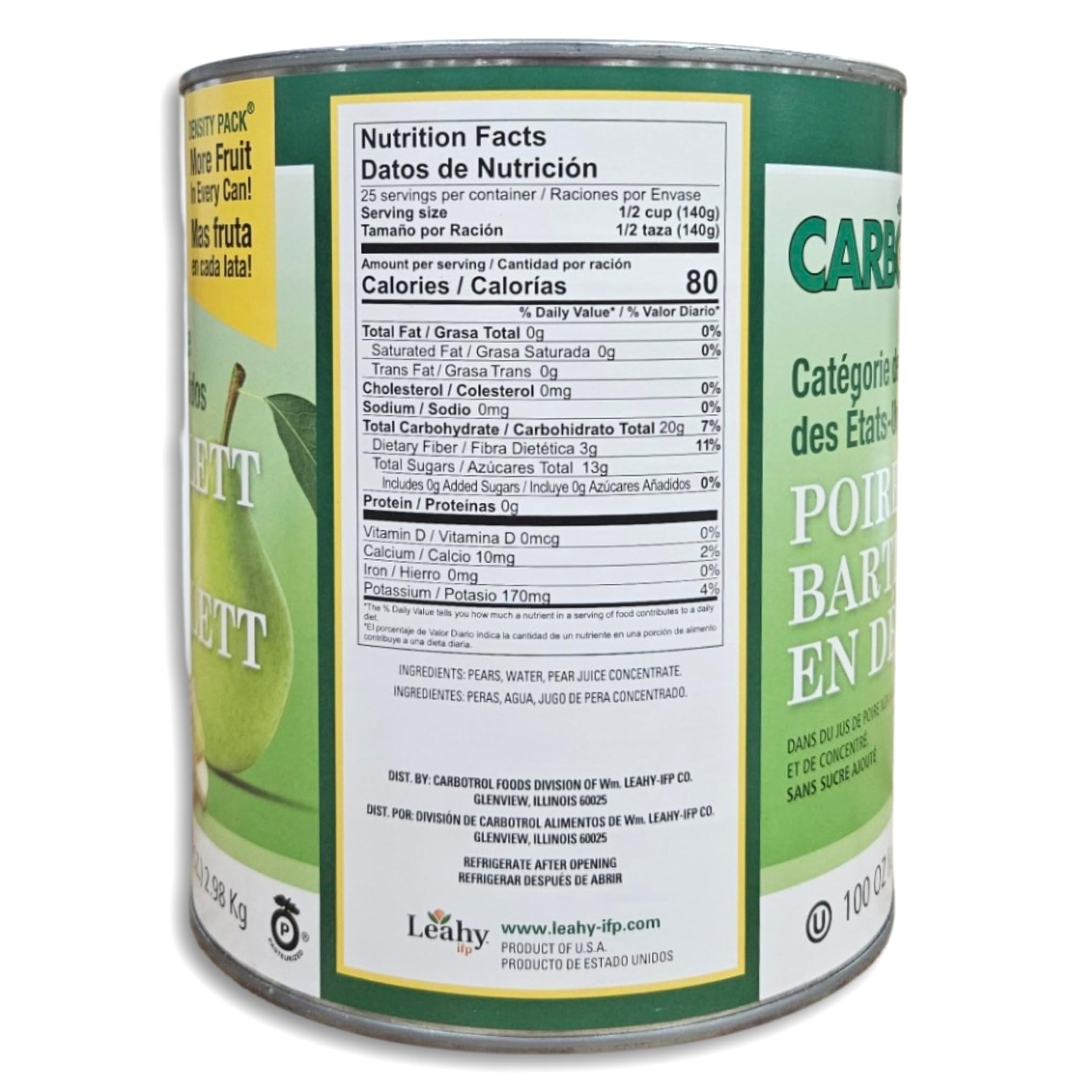 Carbotrol | U.S. Grade Choice Diced Bartlett Pears in Juice Value Pack | 105 Ounce Density Pack Can | Case of 6 4