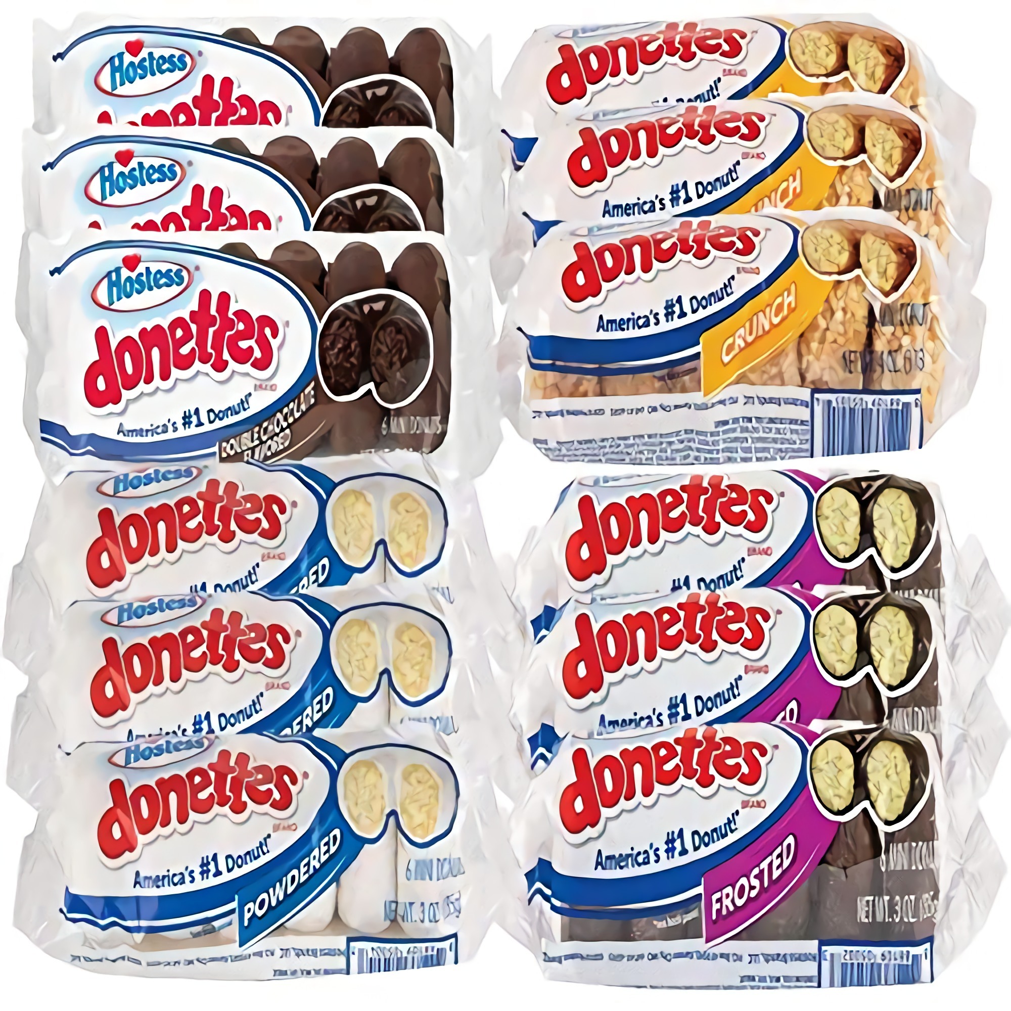 Hostess Donettes Variety | Powdered, Frosted, Double Chocolate, and Crunch | 12 Packs (72 Donettes)