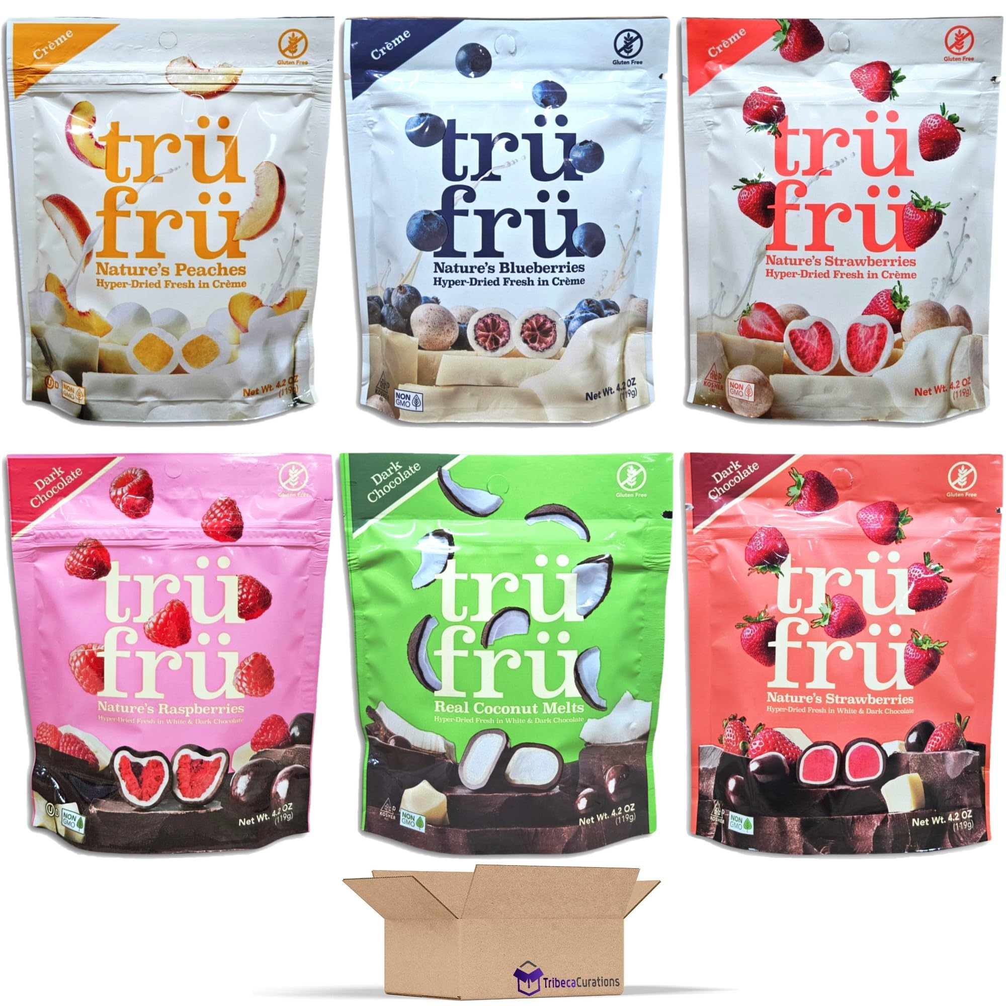 Tru Fru Chocolate & Creme Covered Hyper-Dried Fresh Fruit Variety Pack   Blueberry, Coconut, Peach, Raspberry, & Strawberry | 4.2 Ounce | Pack of 6