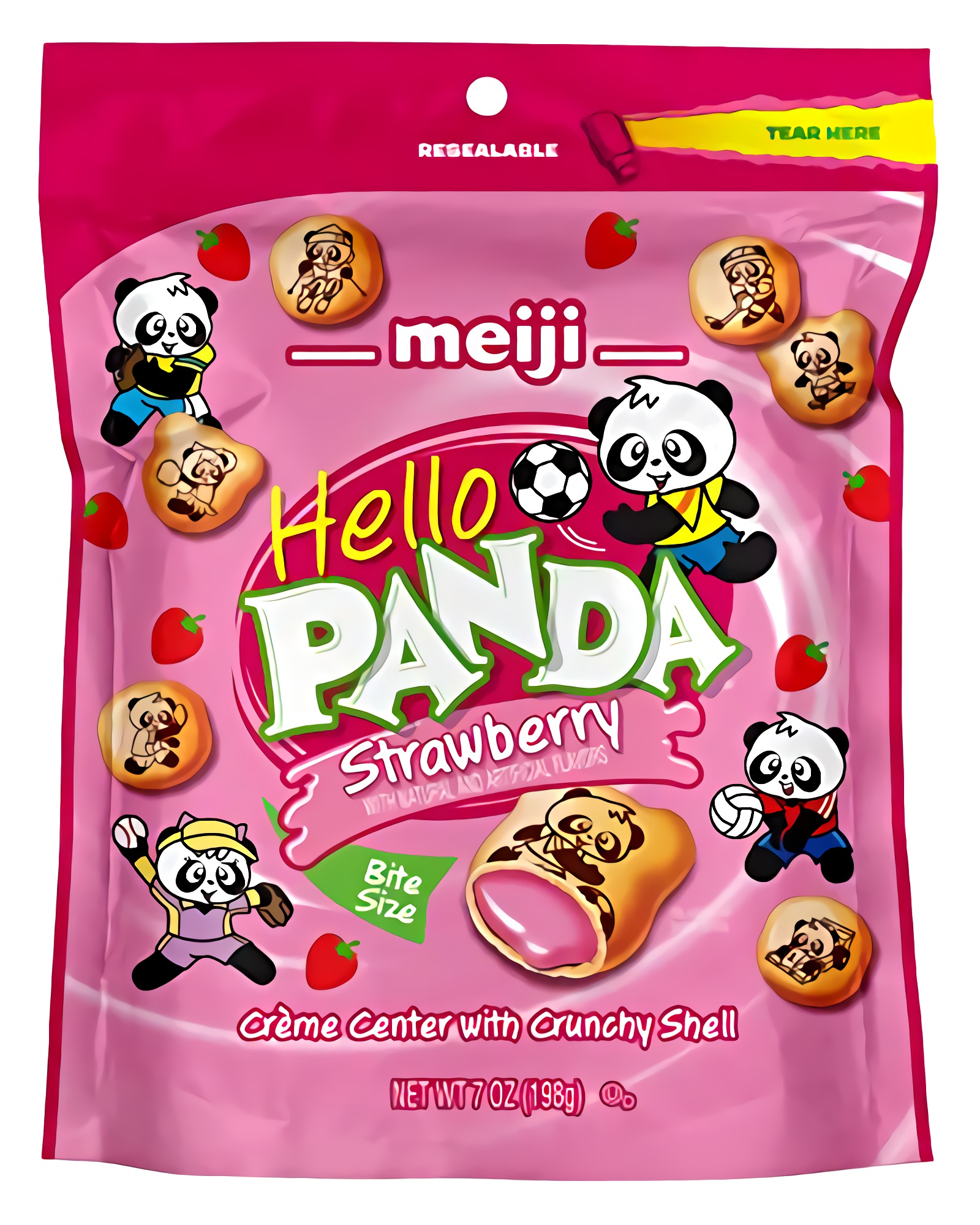 Meiji Hello Panda Cookies, Strawberry Creme Filled, Resealable Package - 7 oz, Pack of 6 - Bite Sized Cookies with Fun 3