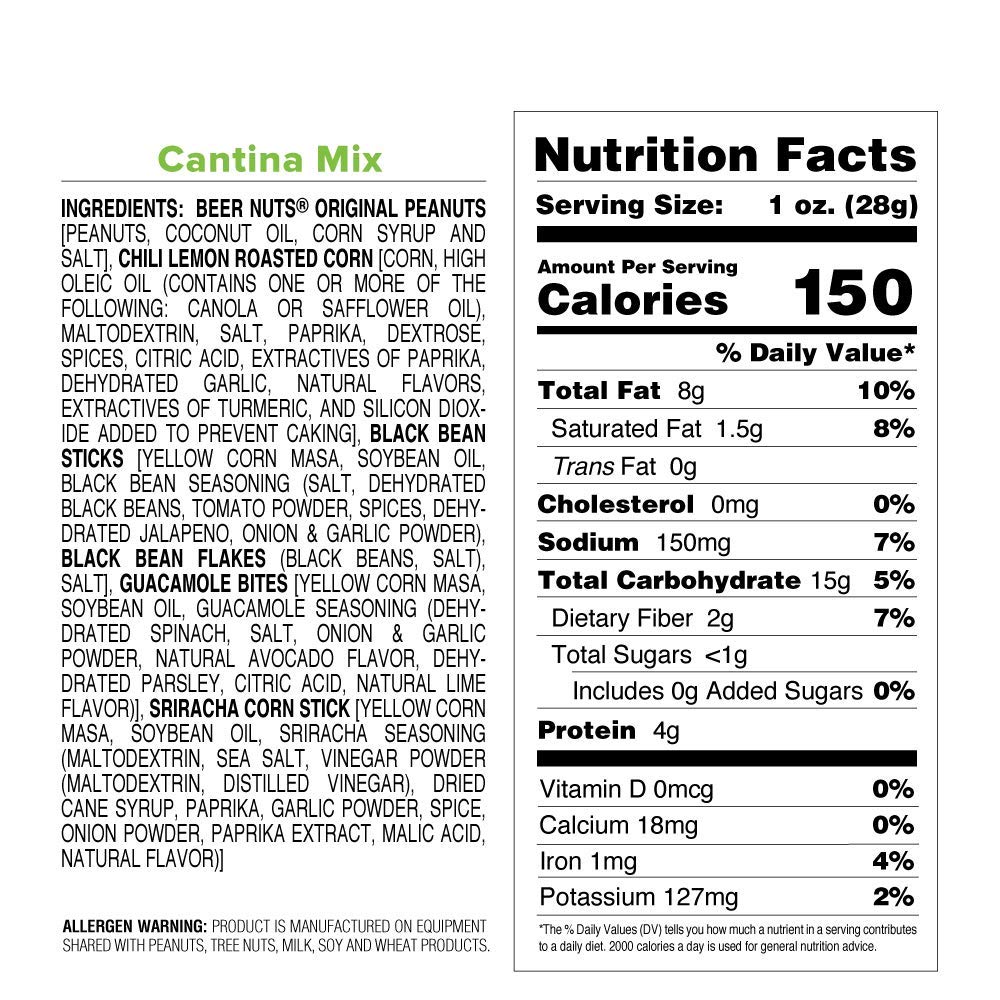 BEER NUTS Cantina Mix - 32 oz. Resealable Bag (Pack of 2), Original Peanuts, Chili Lemon Roasted Corn, Black Bean Sticks 4