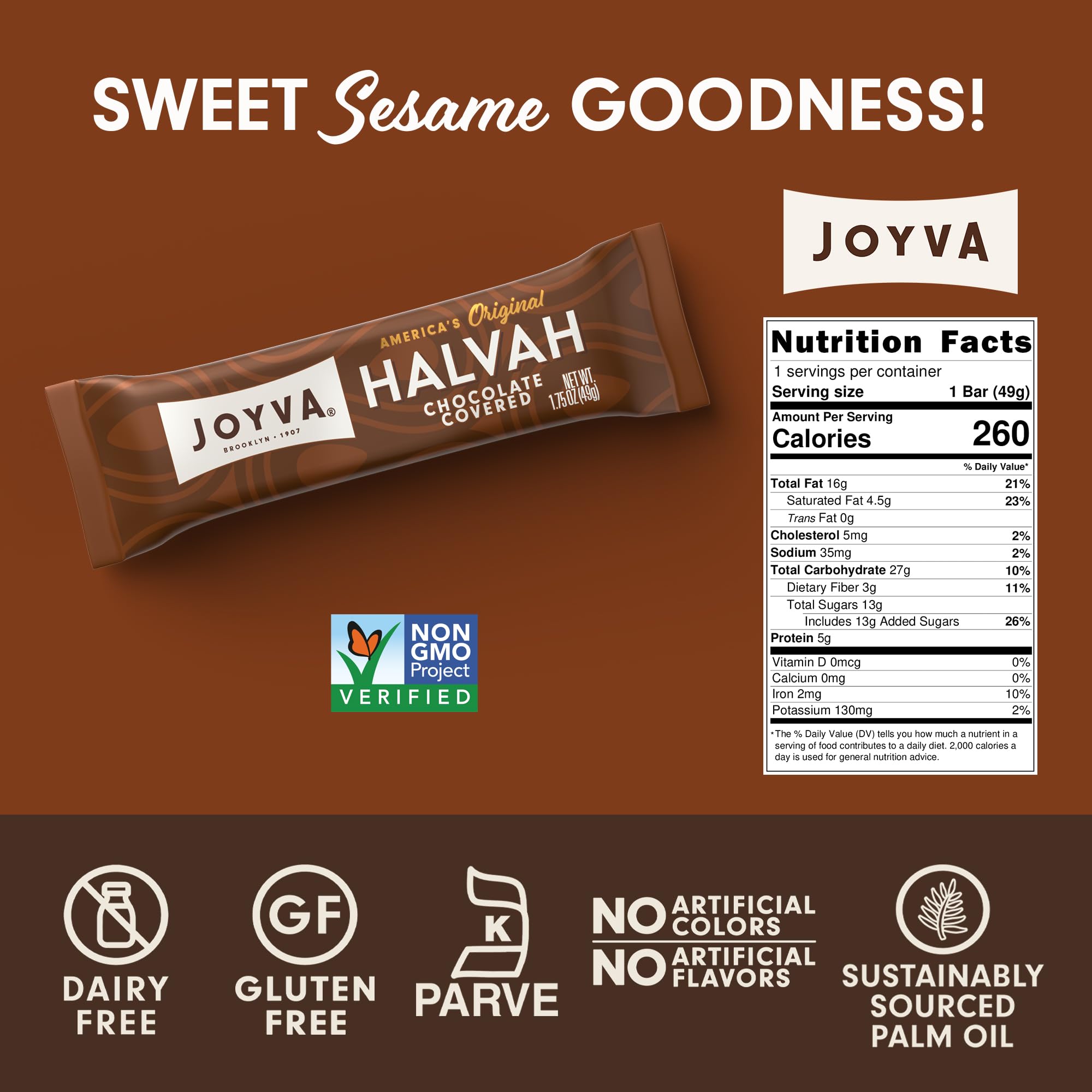Joyva Halvah Bars - 1.75 oz, 36-count box | Kosher, Parve, Gluten Free, Dairy Free | Chocolate Covered 6