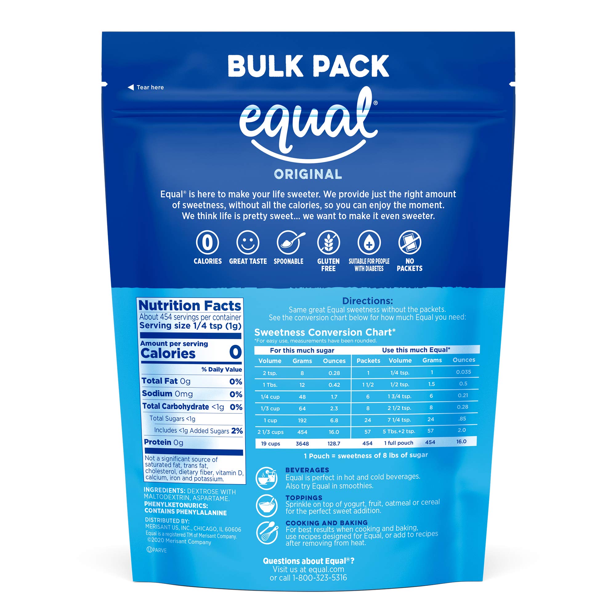 EQUAL 0 Calorie Sweetener, Granulated Sweetener, Sugar Substitute, Zero Calorie Sugar Alternative, Sugar Alternative, 1 3