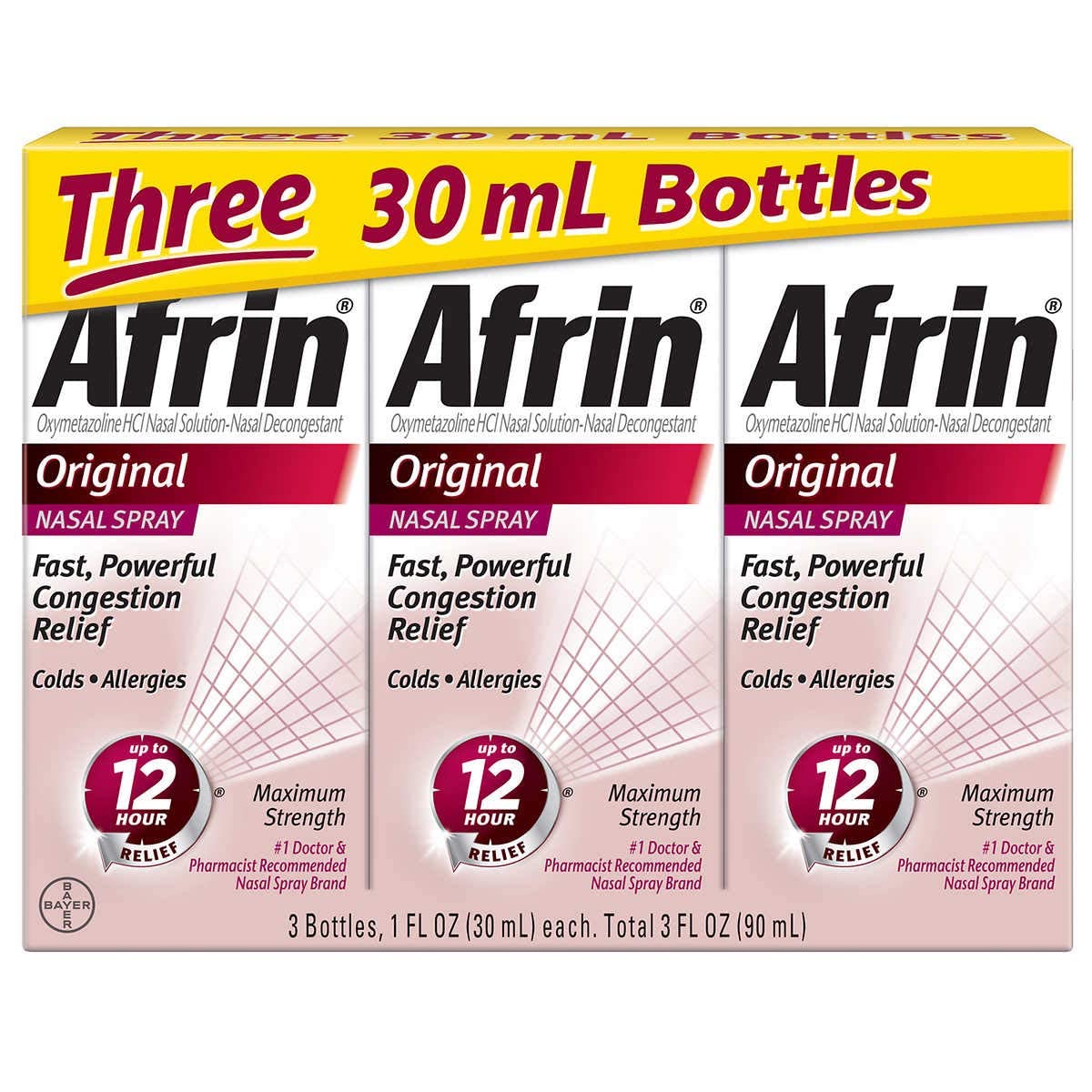 Afrin Original Maximum Strength 12 Hour Nasal Congestion Relief Spray - 3 bottles, 1 FL OZ (30mL)