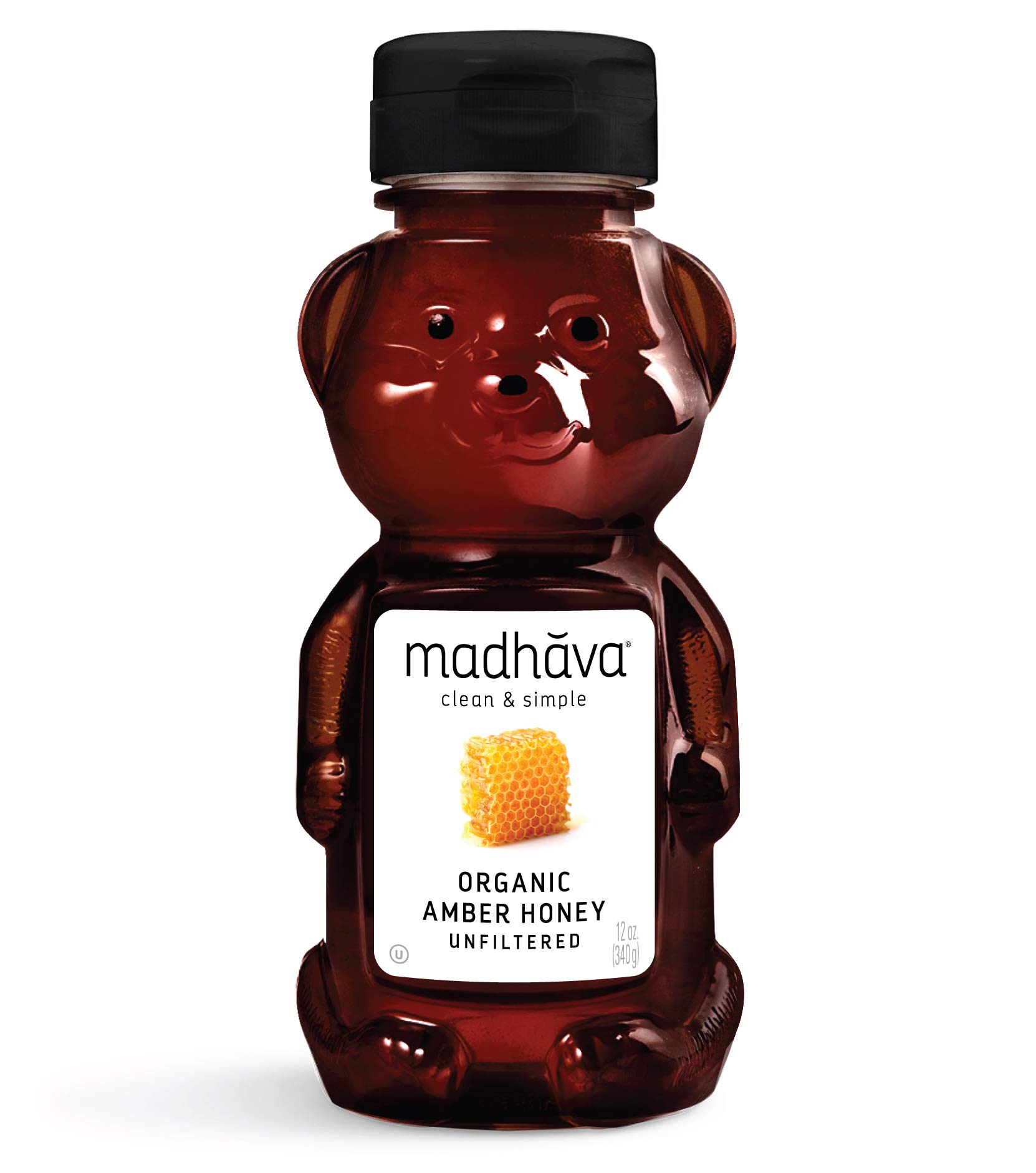 MADHAVA Organic Amber Honey, Unfiltered, Honey Bear (Pack of 6) Natural Sweetener, Sugar Alternative 100% Pure Organic H 2